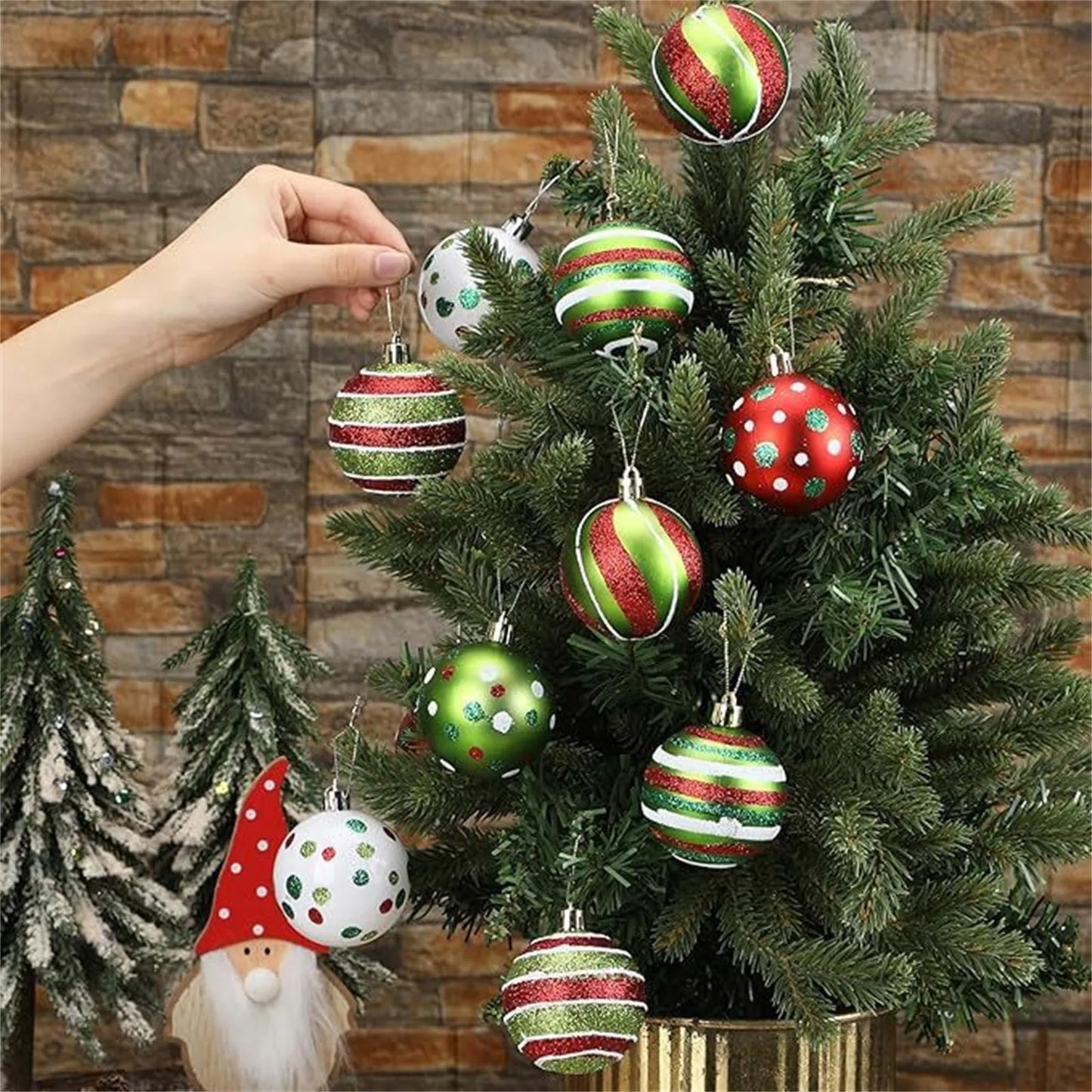 12pcs Christmas Ball Ornaments Glittering Plastic Hanging Decorations Balls Candy Cane Red And Green Christmas Tree Pendants