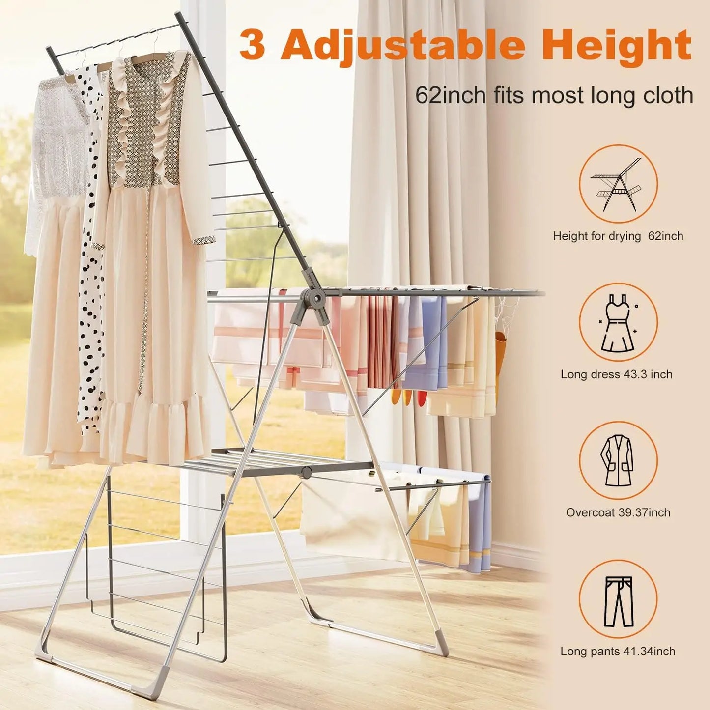 Clothes Drying Rack Foldable 2-Level Large Laundry Drying Rack Collapsible Stainless Steel Drying Rack Clothing for Indoor Outdo
