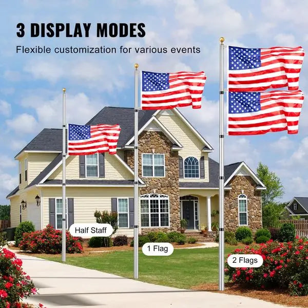 VEVOR 20FT Telescoping Flag pole Kit, Heavy Duty Aluminum Alloy in Ground Flag Poles for Outside, 3 Display Modes Flagpole with