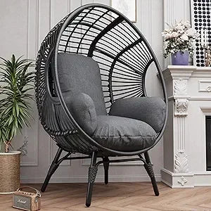Oversized Wicker Egg Chair Outdoor Indoor Rattan Patio Egg Lounge Chairs with Cushion 500lbs Capacity for Living Room, Balcony,