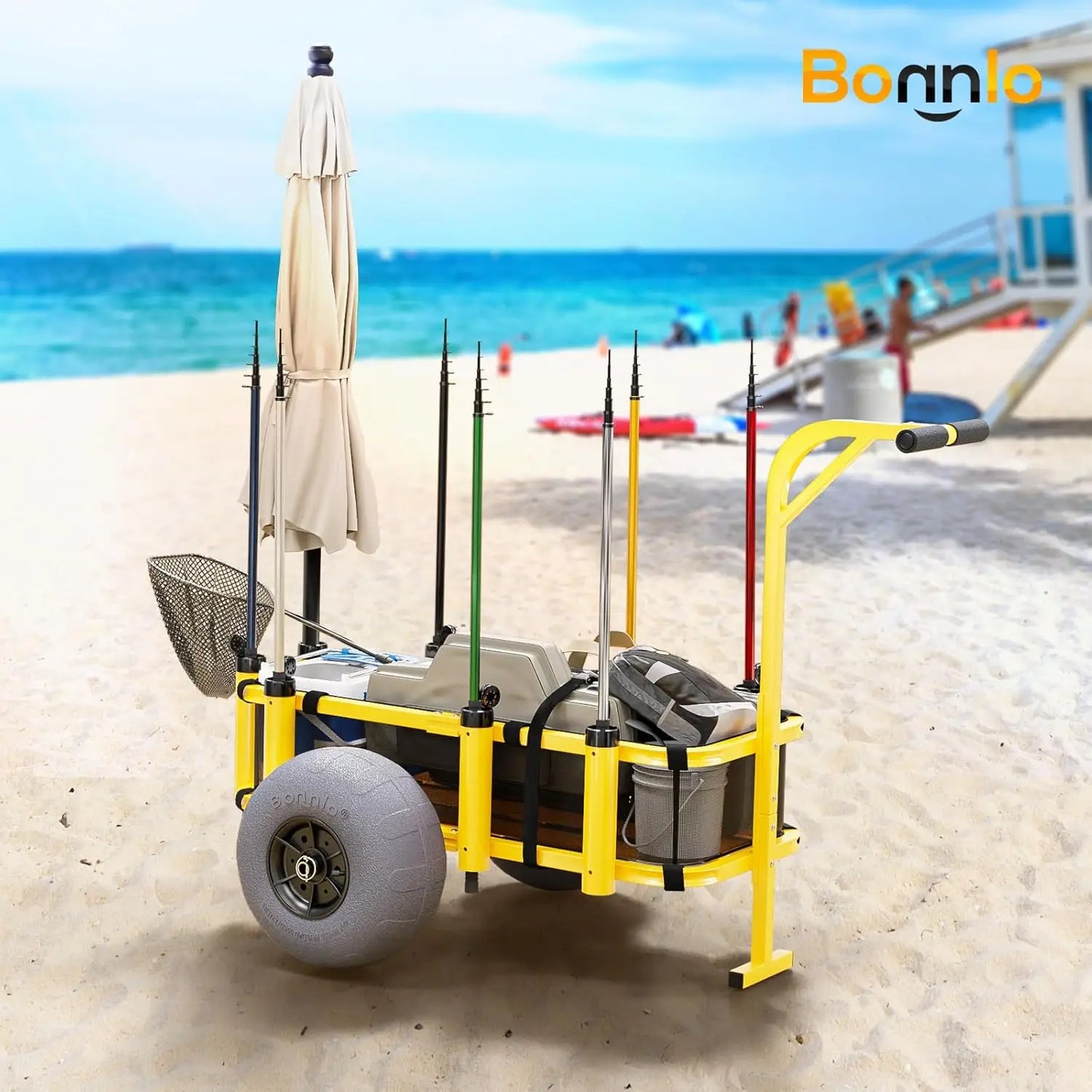 Fishing Cart, Beach Wagon with 13" Big Wheels for Sand, Beach Cart, 300 lbs Load Capacity, 8 Fishing Rods Holders, Mesh Bag