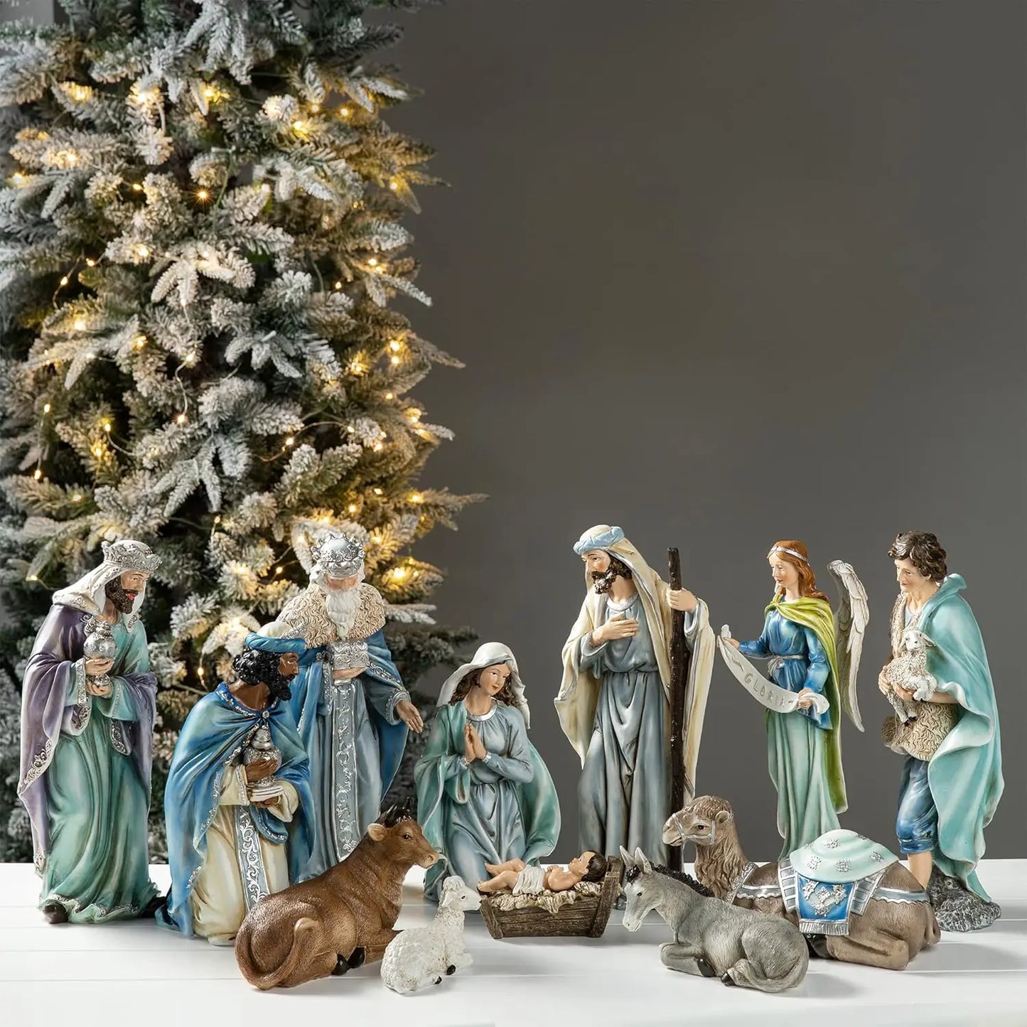 Glitzhome 12Pcs Deluxe Blue Resin Nativity Figurines Set Christmas Ornaments Xmas Tabletop Scenes Figures Set Collectibles Count