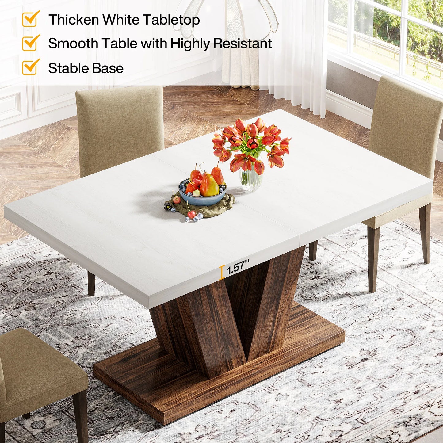 Tribesigns 47-Inch Dining Table for 4, White Kitchen Dinner Table with Heavy Duty Pedestal, Farmhouse Wooden Eating Table