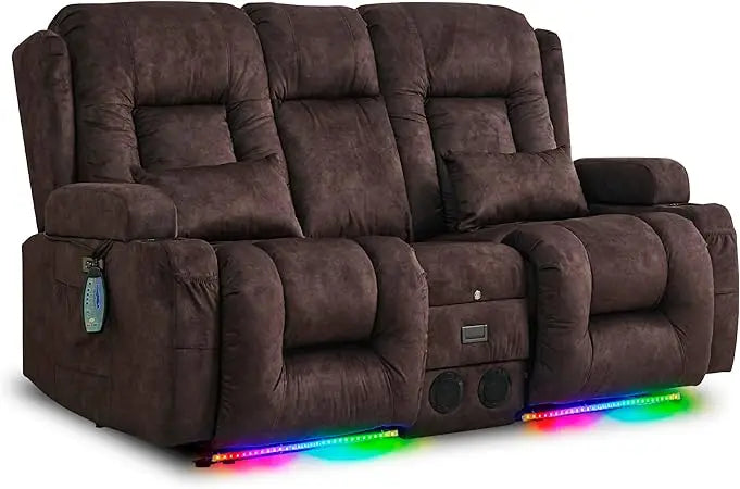 Power Loveseat Recliner Sofa with Vibrating Massage and Heat, Home Theater Seating RV Couch with Flipped Backrest Console, LED L