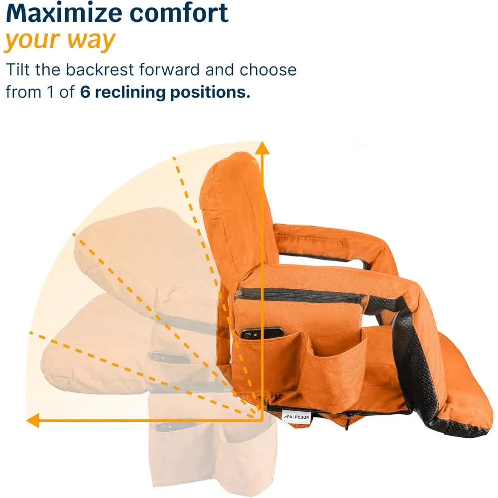 NEW Reclining Stadium Seat – Wide Bleacher Chair with Back Support and Cushion, Armrests, Side Pockets, and Bleachers Hook