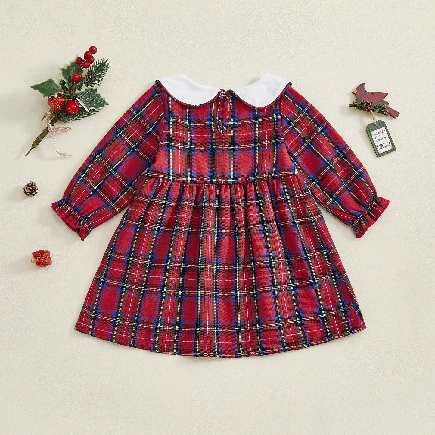 Winter Christmas Kids Toddler Baby Girl Dress Plaid Tree Collar Long Sleeve A-line Dress Bows Fall Xmas Clothes