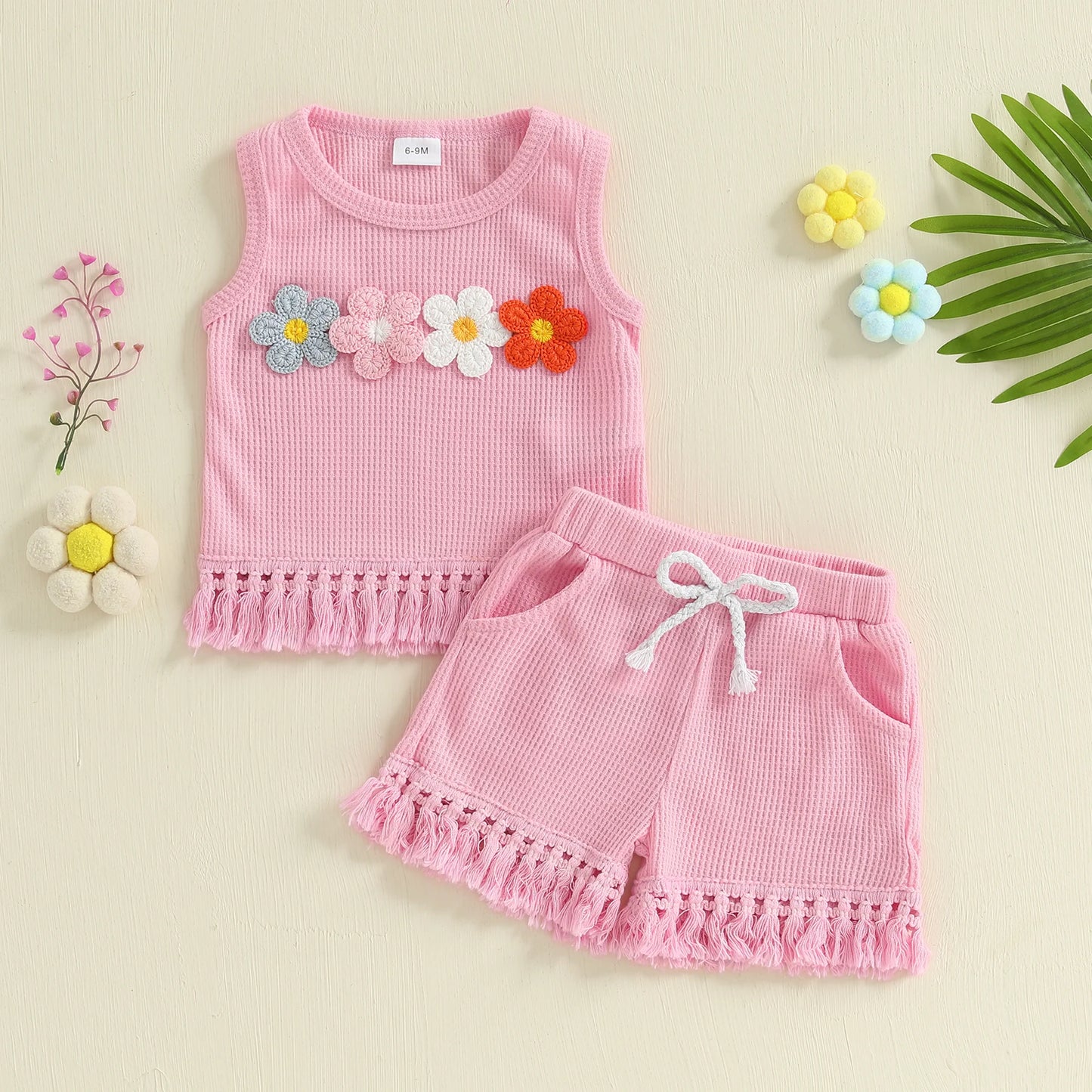 Adorable Toddler Girl Summer Outfits with Floral Embroidery and Tassel Hem Sleeveless Tank Top and Elastic Waist Shorts