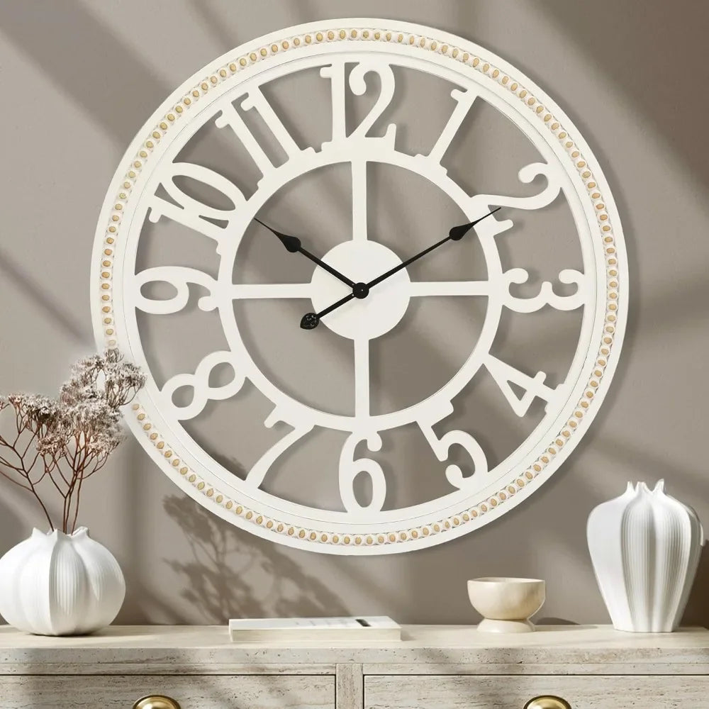 Farmhouse Wall Clock 30 Inch, Large Wall Clock with Boho Beads, Wooden Silent Wall Clocks Battery Operated Easy Read,