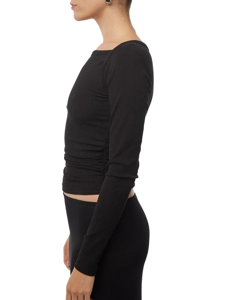Women Long Sleeve Crop Tops Solid Color Boat-Neck Fit T-Shirts Spring Fall Bottoming Shirts Streetwear