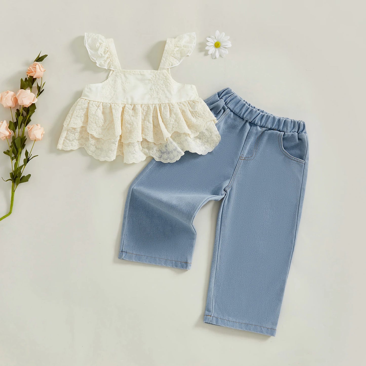 Little Girl Pants Set Floral Fly Sleeve Layered Ruffled Lace Tops Elastic Waist Denim Pants 2 Pcs Summer Outfit