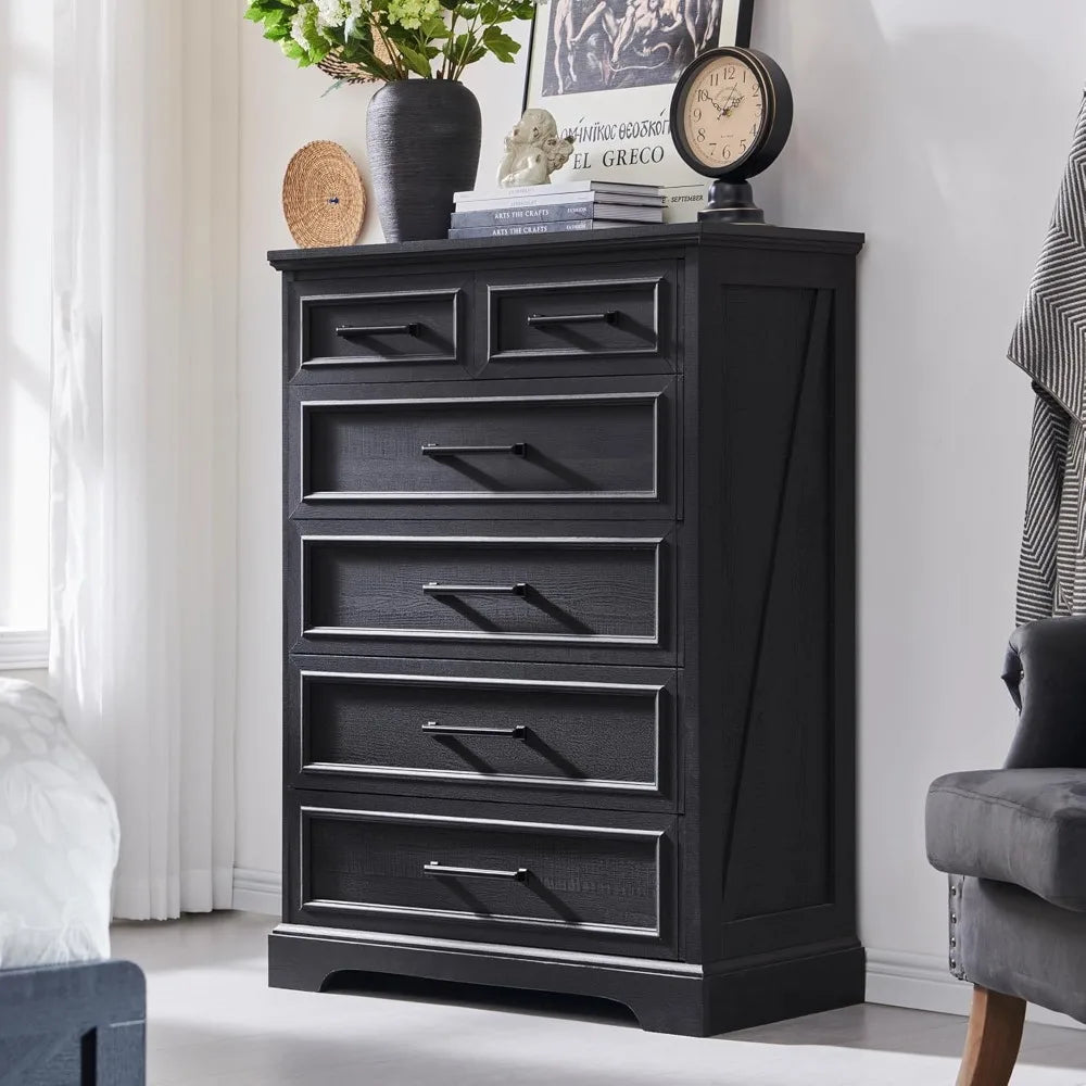 6 Drawer Dresser, Farmhouse Chest of Drawers for Bedroom, 44" Tall Kids Dresser with Large Metal Handles, Wood Drawer Organizer