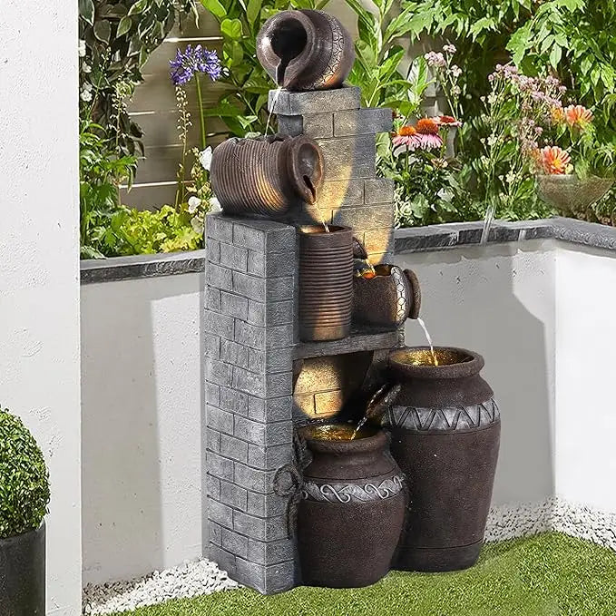 39.3" H Floor-Standing Cascading Garden Fountains, 6-Tiers Indoor/Outdoor Water Fountain with LED,Outdoor Water Fountain