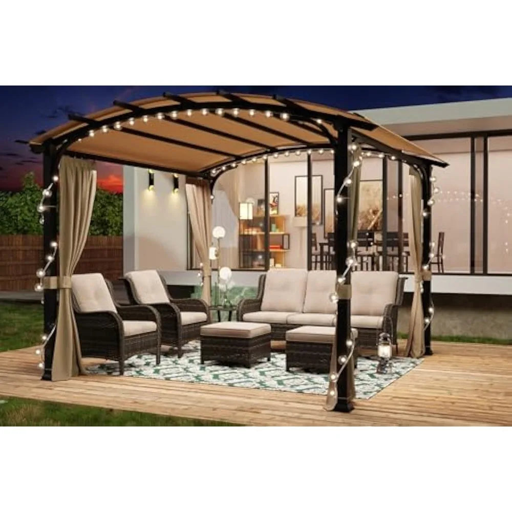 11'x11' Outdoor Pergola with Sidewalls,with Metal Steel Frame and Textilene Top Canopy, Arched Top Outdoor Pergola