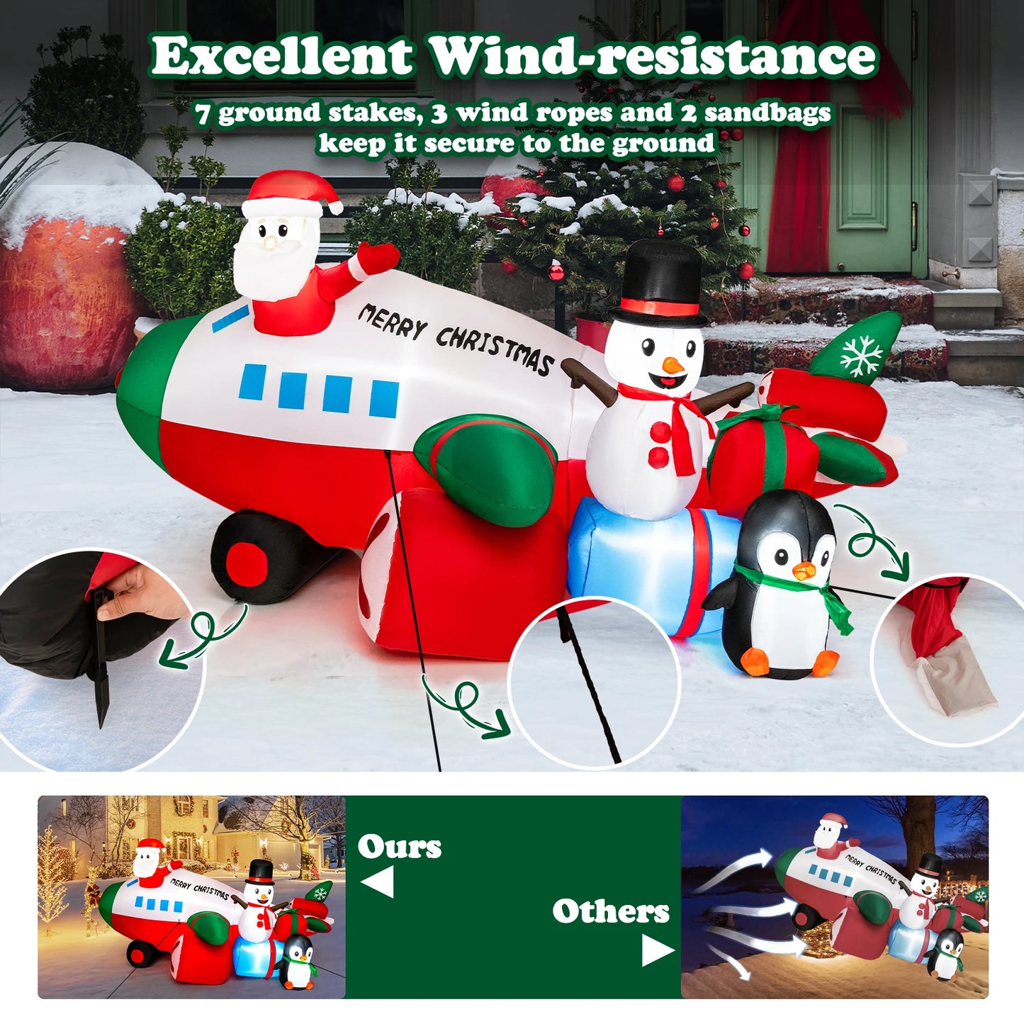 9FT Inflatable Christmas Santa Claus on Helicopter w/ Snowman Penguin LED Lights