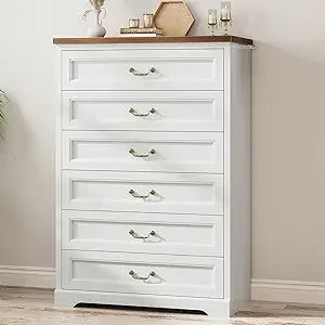 Farmhouse 6 Drawers Dresser for Bedroom,51.2" Tall Rustic Wood Chest of Drawers,Large Storage Chest with Vintage Metal Handles,