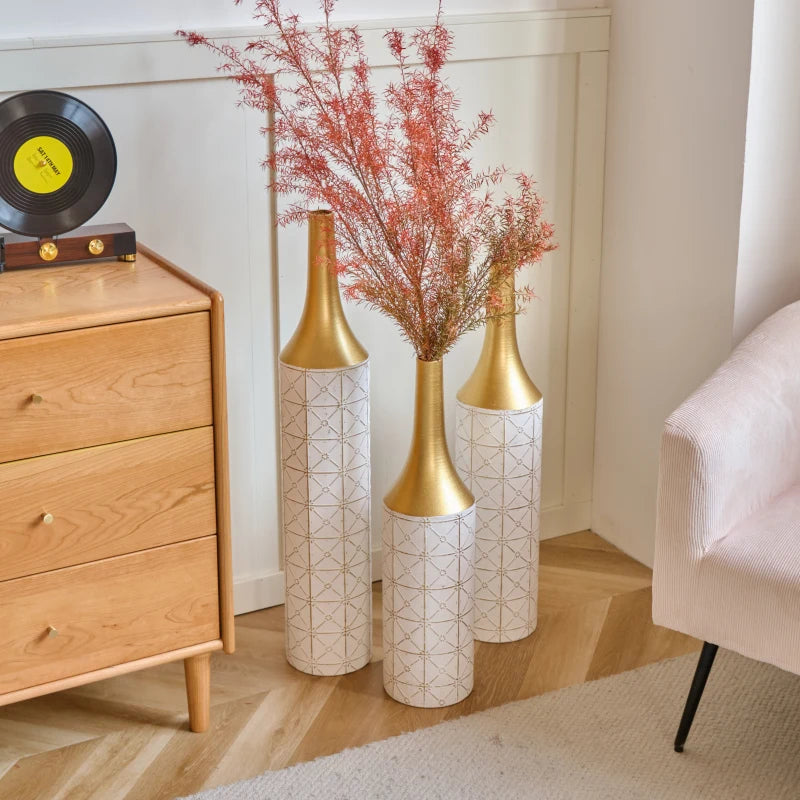 Floor Decorated White Set Of 3 Gorgeous Home Decoration Large Glazed Metal Vases 24In/28.7In/33.5In Height