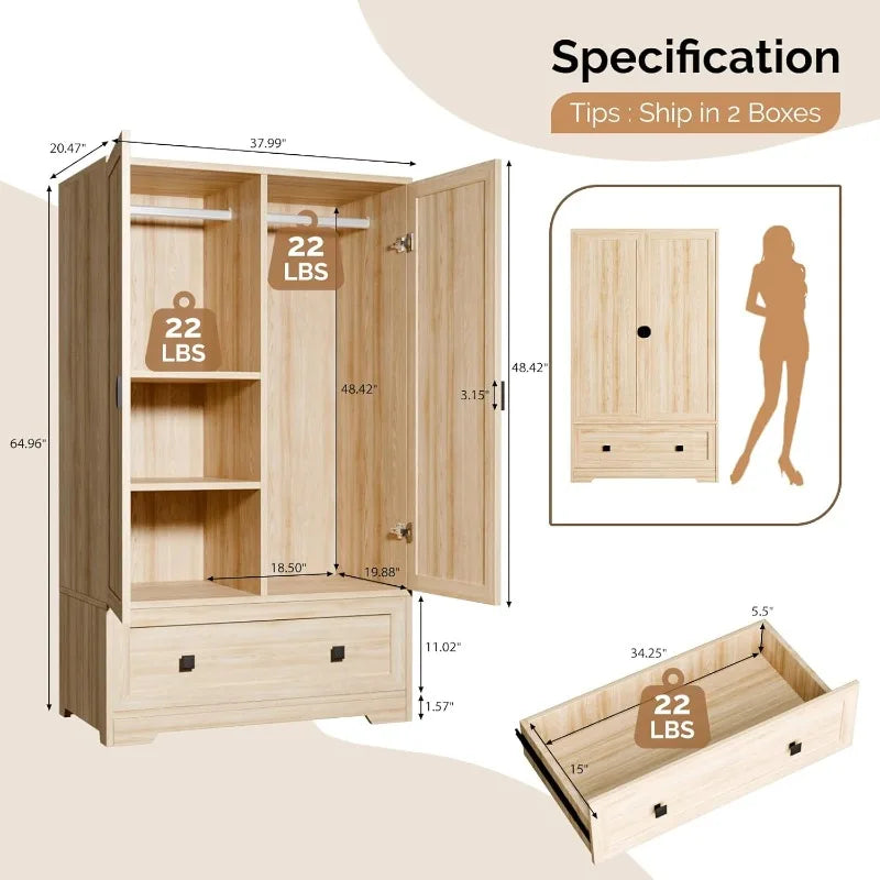 VINGLI Armoire Wardrobe Closet With Doors, Hanging Rod, Shelves and Drawer - Freestanding Cabinet,Dorm - Oak,38"Wx21"Dx65" H