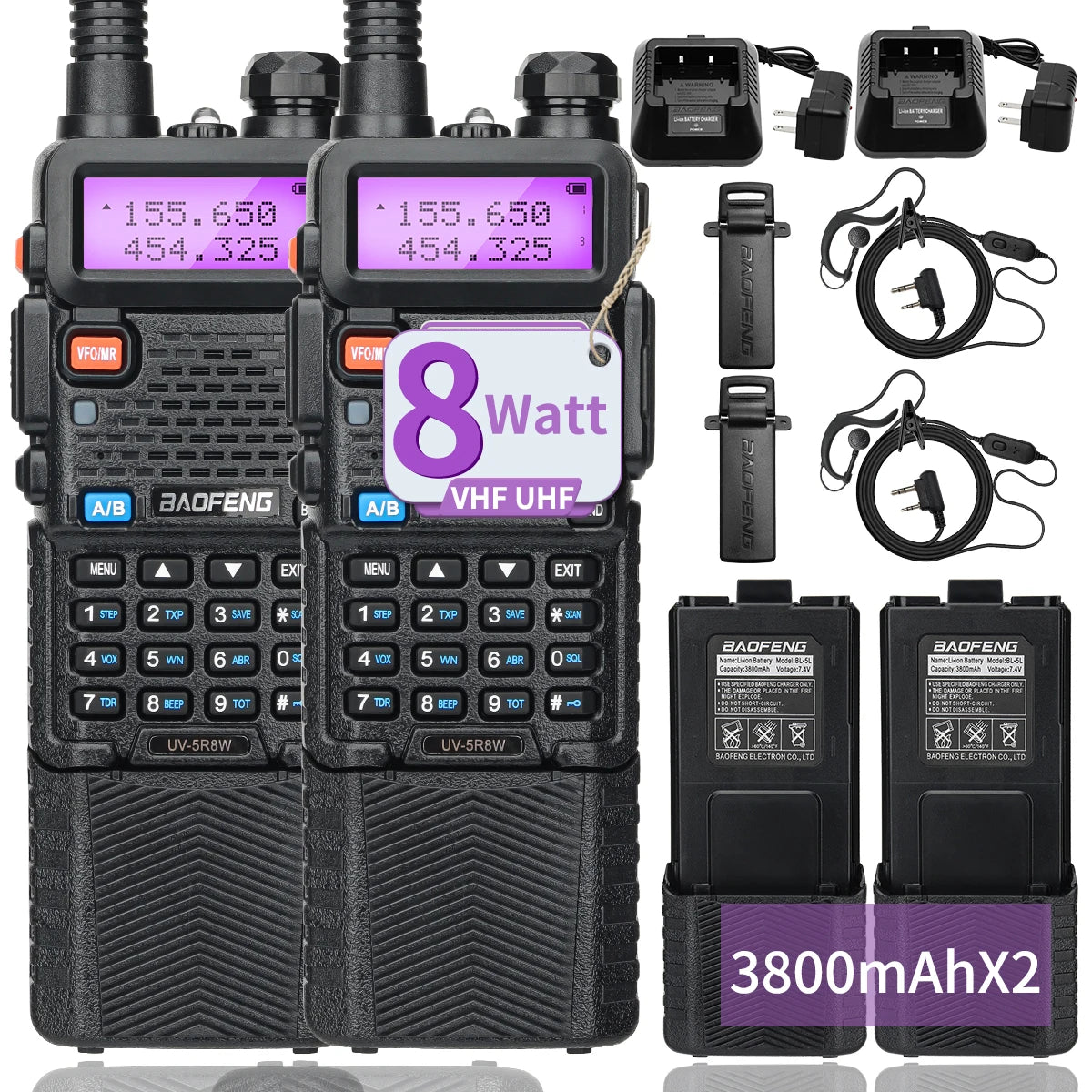 2PCS Baofeng M-5R Walkie Talkie Multi Band Rechargeable 3800mAh Battery UV-5R Ham Radio Handheld Long Range for Hunting Camping