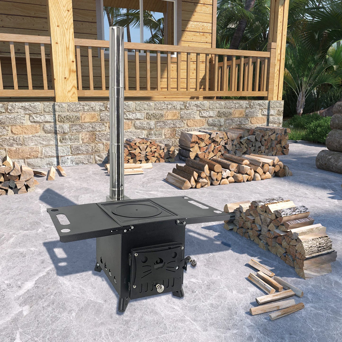 Portable Camping Tent Wood Burning Stove Ultralight Wood Stove With Chimney Pipes Multifunction Hiking Cooking Firewood Stove