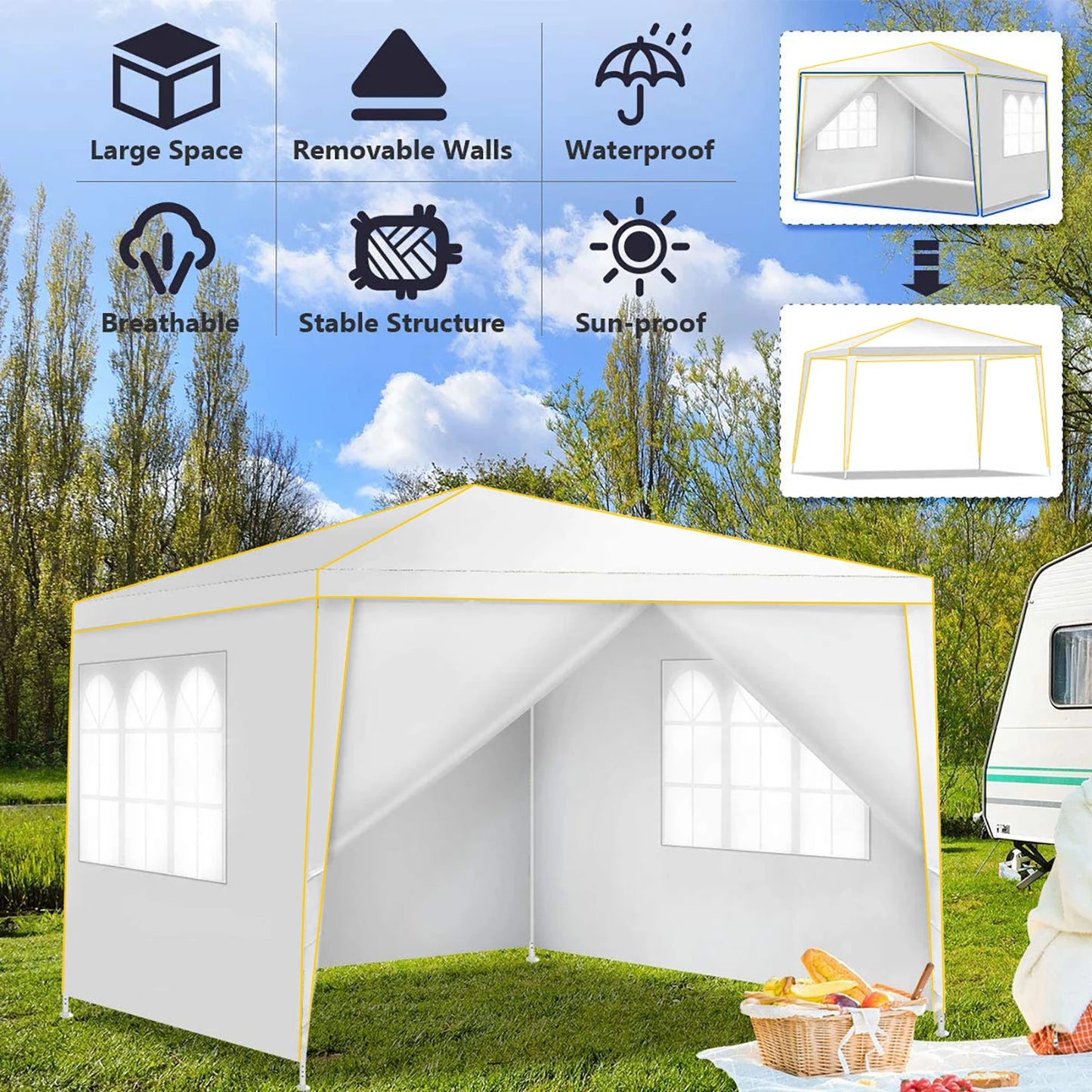 Canopy 10x10 Pop Up Canopy with 4 Removable Sidewalls,10x10 Tent for Parties Waterproof Wedding Event Canopy,Gazebos with Window