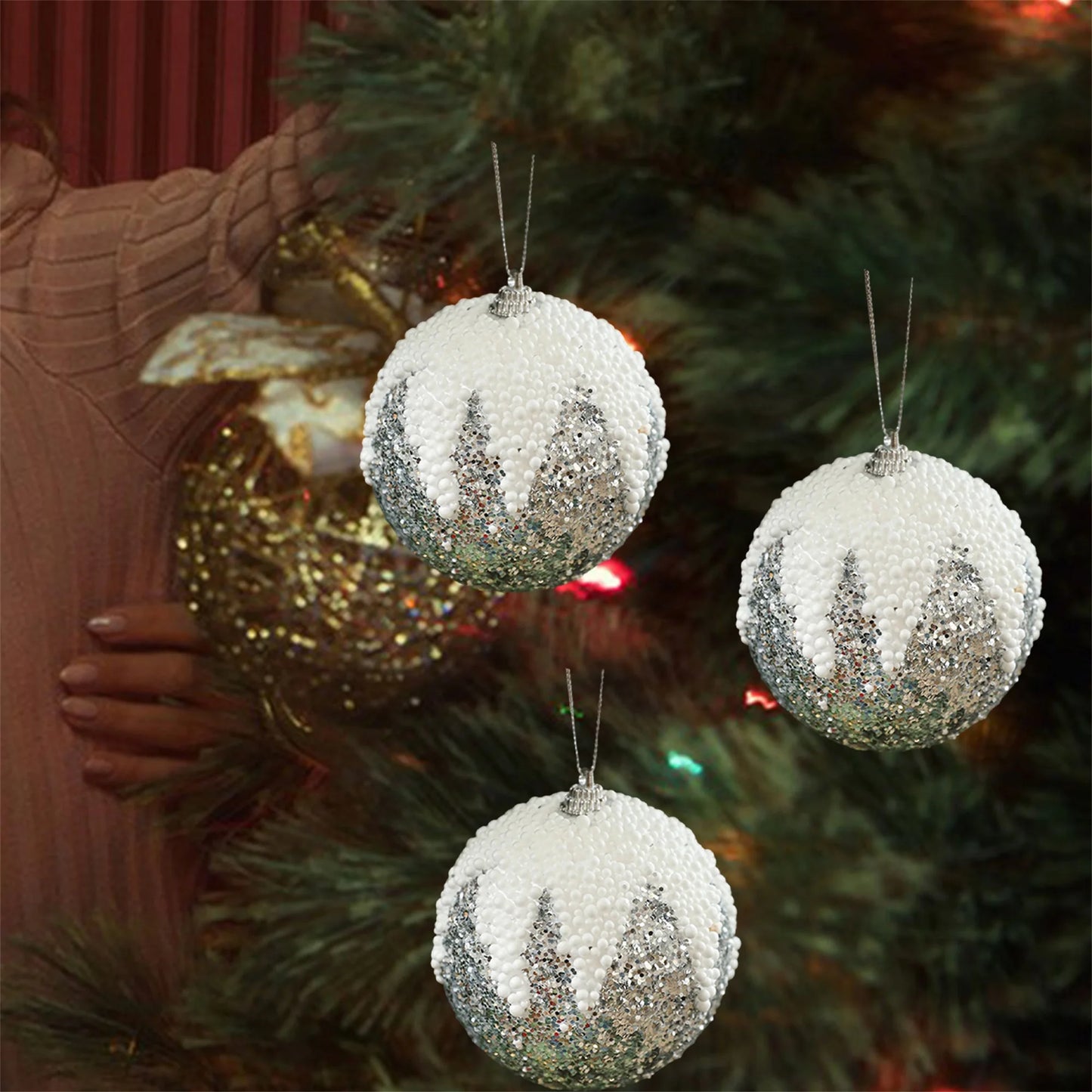 Glittering Snowflake Ornaments Set Christmas Tree Hanging Decorations Xmas Party Supplies Shiny Baubles Balls