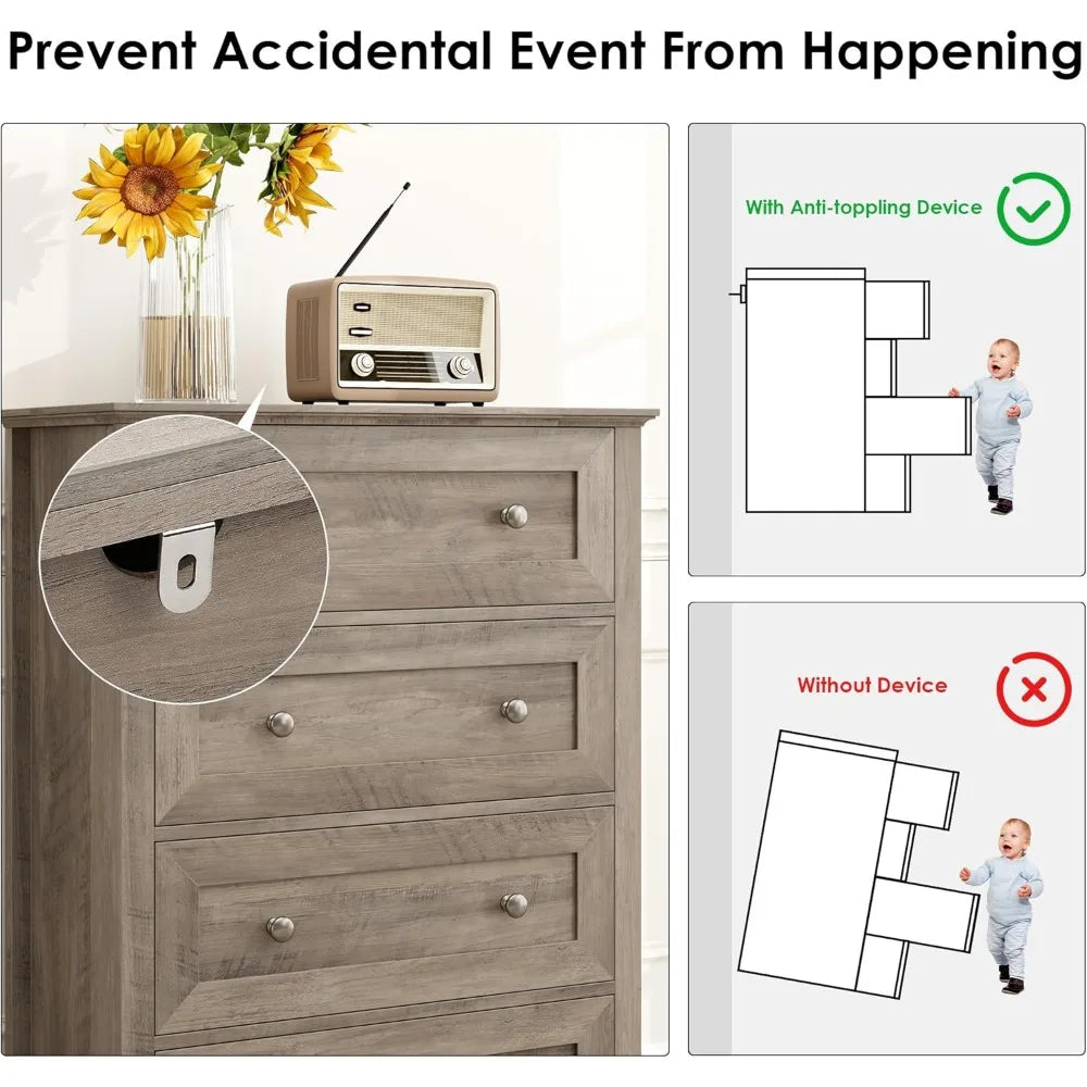 5 Drawer Dresser, 47.2'' Tall Dresser with 5 Drawers, Chest of Drawers Cabinet for Hallway Living Room, Wash Gray