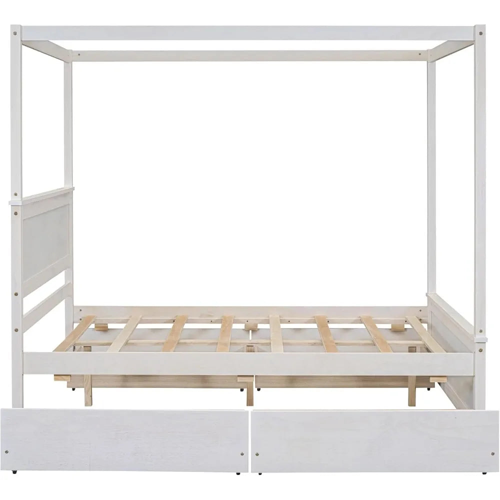 Full Canopy Bed with 4 Drawers, Four-Poster Platform Bed with Headboard and Wood Support Slats, Full Bed Frame Wood Poster Panel