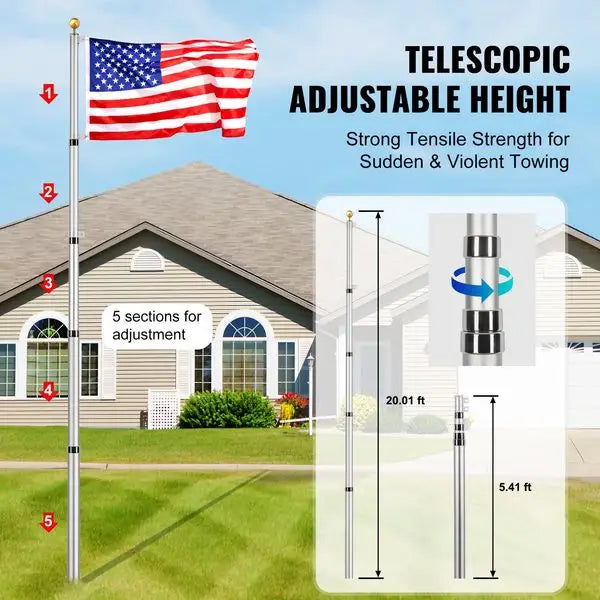 VEVOR 20FT Telescoping Flag pole Kit, Heavy Duty Aluminum Alloy in Ground Flag Poles for Outside, 3 Display Modes Flagpole with