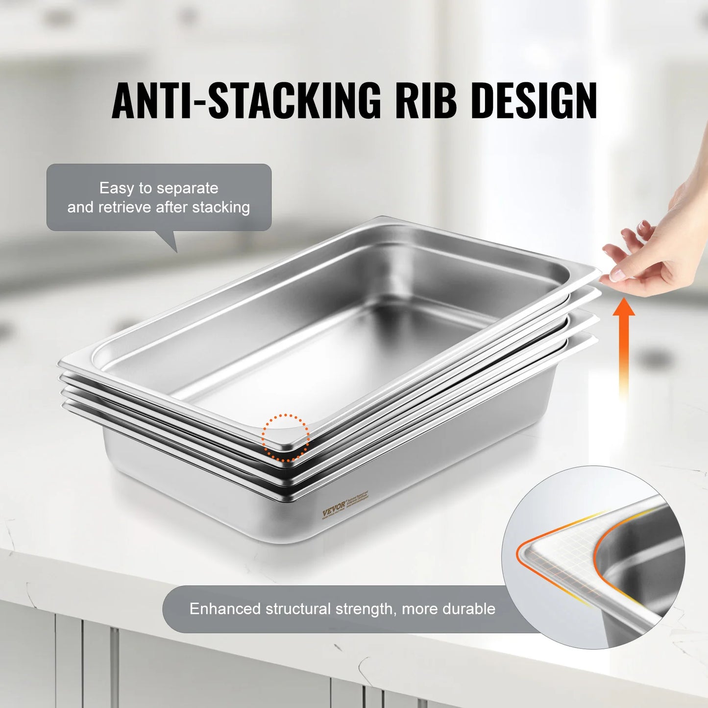 VEVOR 4 Pack Hotel Pans Full Size Anti-Jam Steam Pan with Lid Stainless Steel Steam Table Pan 4-Inch Deep Commercial Table Pan