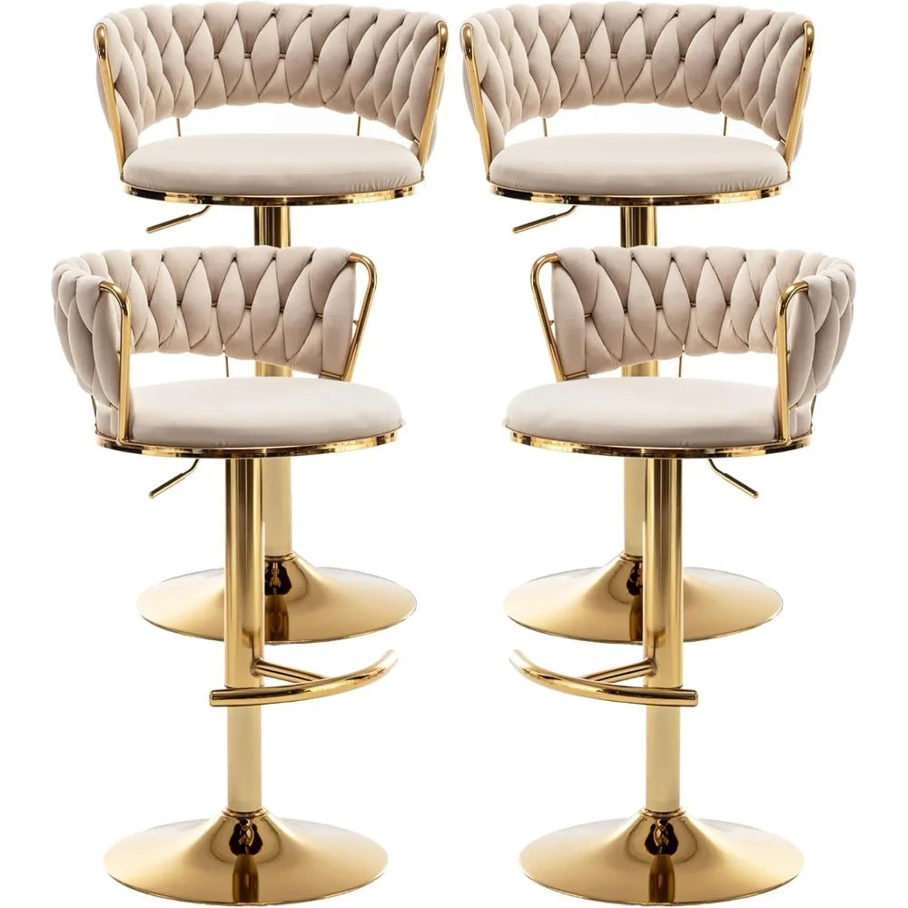 Gold Bar Stools Set of 4, Velvet Swivel Barstools with Woven Backrest, Adjustable Bar Chairs for Kitchen Island, Dining Room