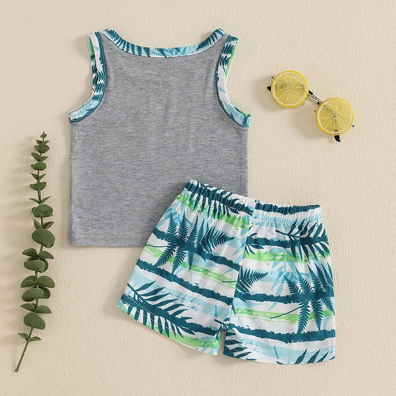 Toddler Baby Boy Shorts Set Leaf Print Sleeveless Tank Tops Elastic Waist Shorts 2 Pcs Summer Outfit