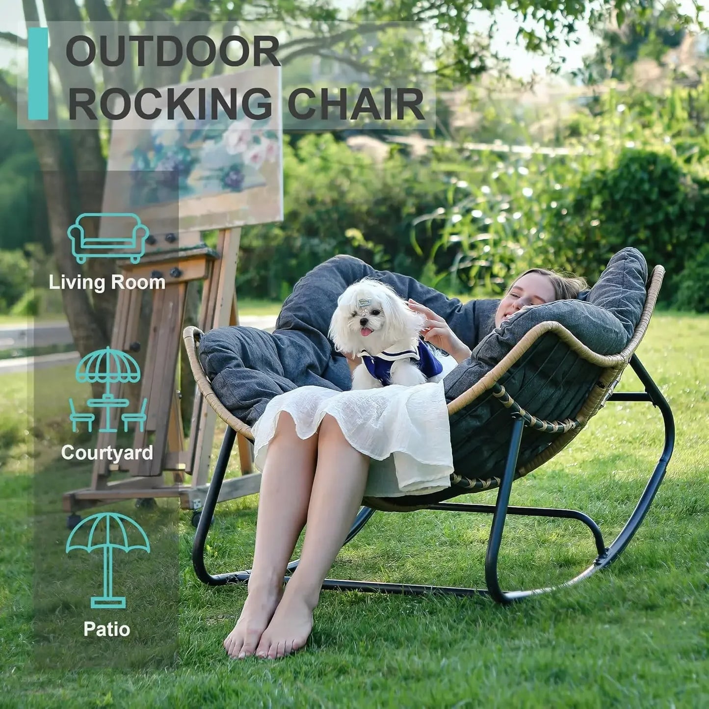 Outdoor Rocking Egg Chair, Indoor Papasan, Rattan Wicker Lounge, Modern Royal for Bedroom, Living Room, Porch, Garden,