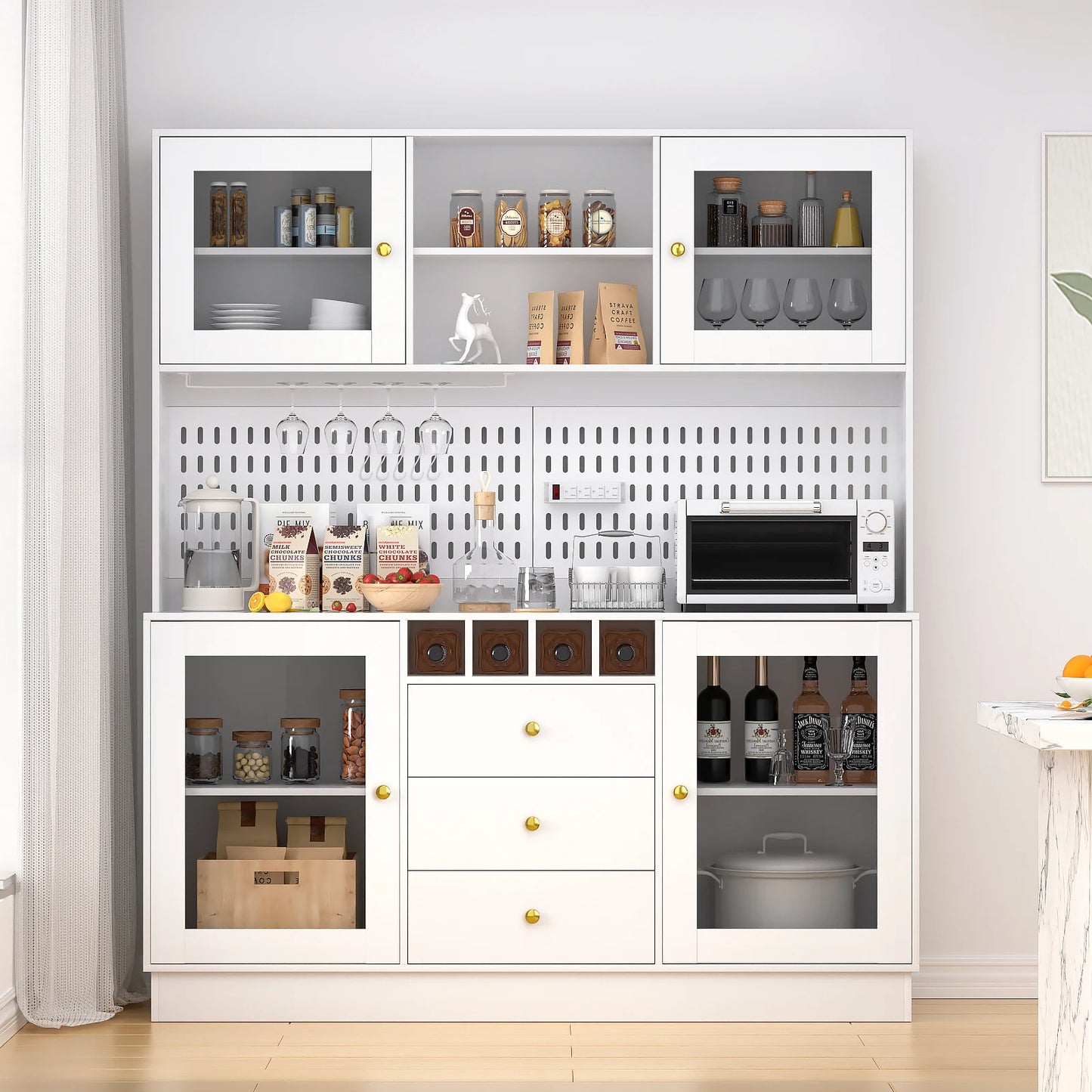 Pantry Cabinet, Kitchen Storage Cabinet, Freestanding Buffet Hutch with Pegboard, Cup Holder, Power Outlet, Black