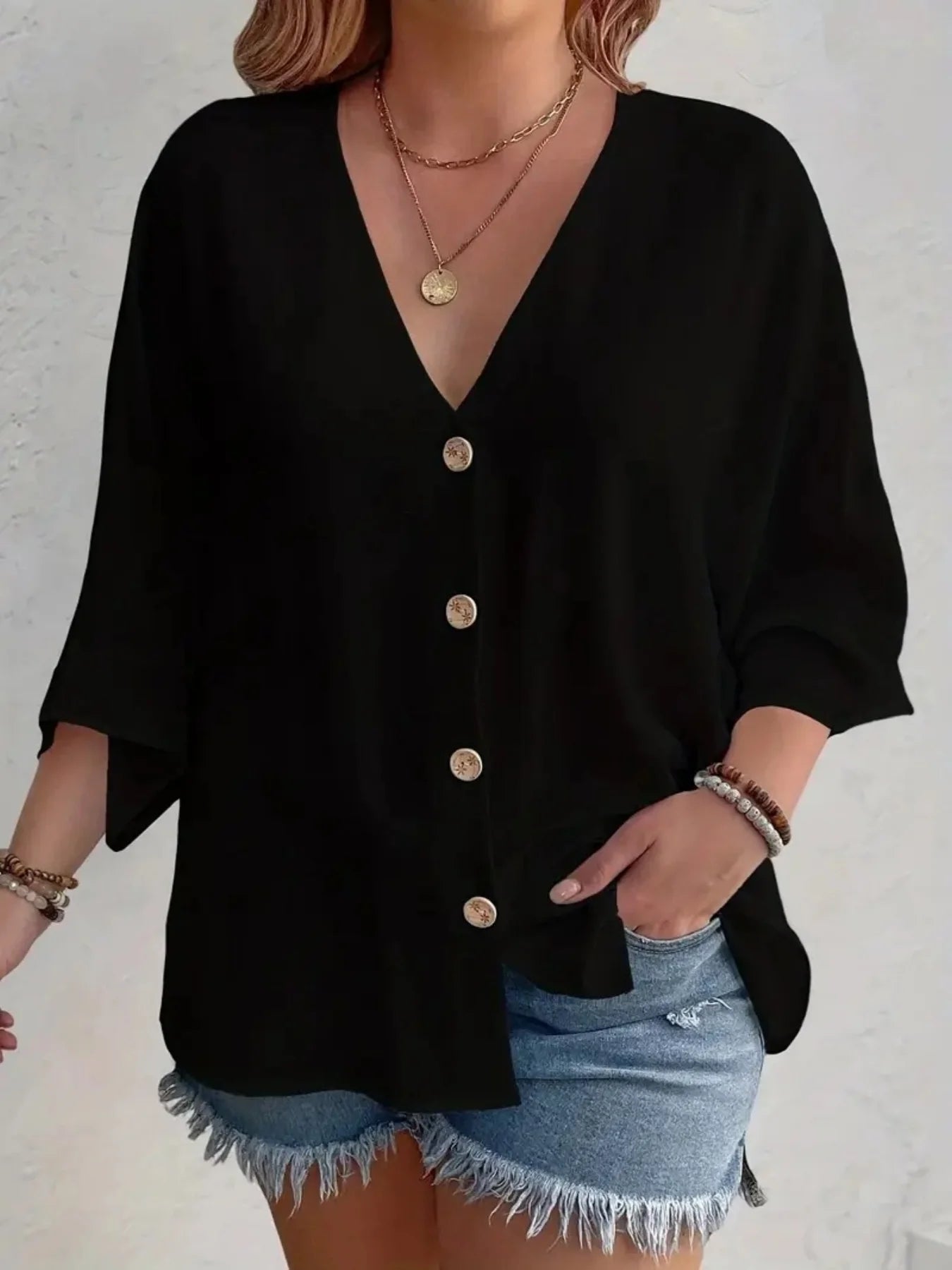 Plus Size Woman Casual T-shirt Solid Color Breathable Spring/summer V-neck Button Travel Wear American Style Female Clothing