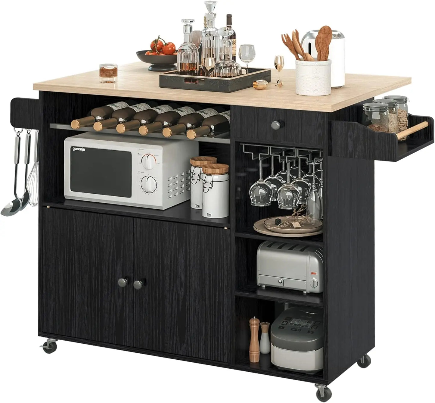 IRONCK Rolling Kitchen Island Cart with Drop-Leaf & Wine Rack Drawer Shelves&Spice Rack, Microwave Rack Serving Cart on Wheels