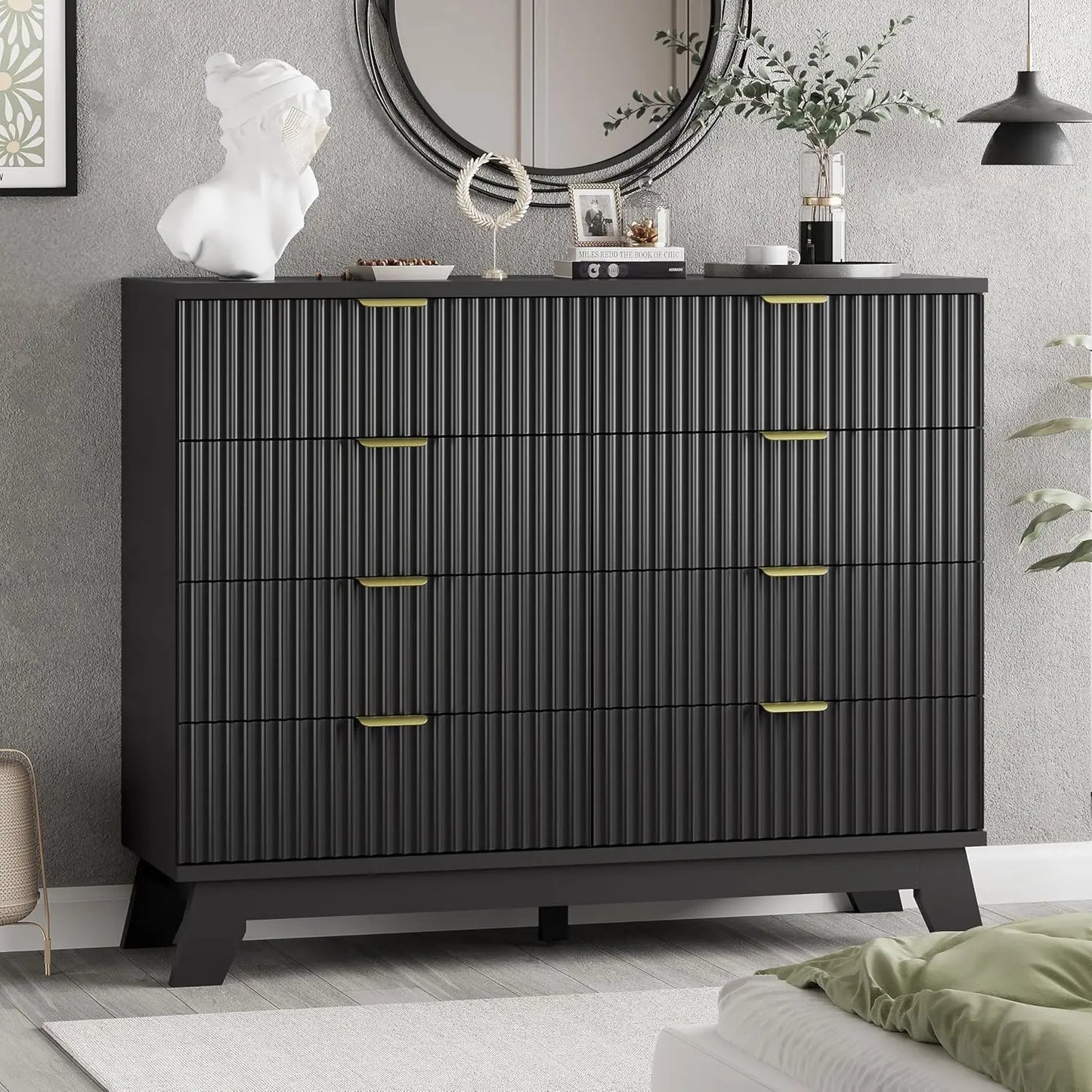 Fluted Dresser for Bedroom with 8 Drawers, 48" Wide Modern Chest of Drawers with Metal Handle, Wooden Dresser TV Stand,Black