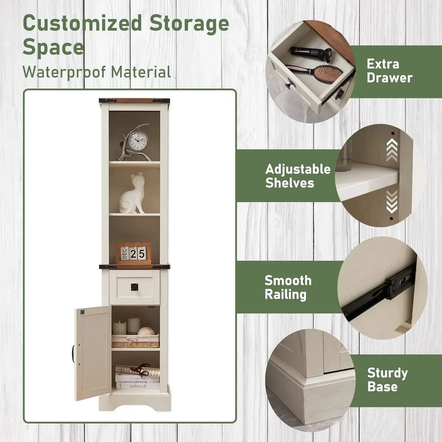 Bathroom Storage Cabinet, Farmhouse Storage Cabinet with Adjustable Shelves & Storage Drawer, Tall Linen Tower for Bathroom