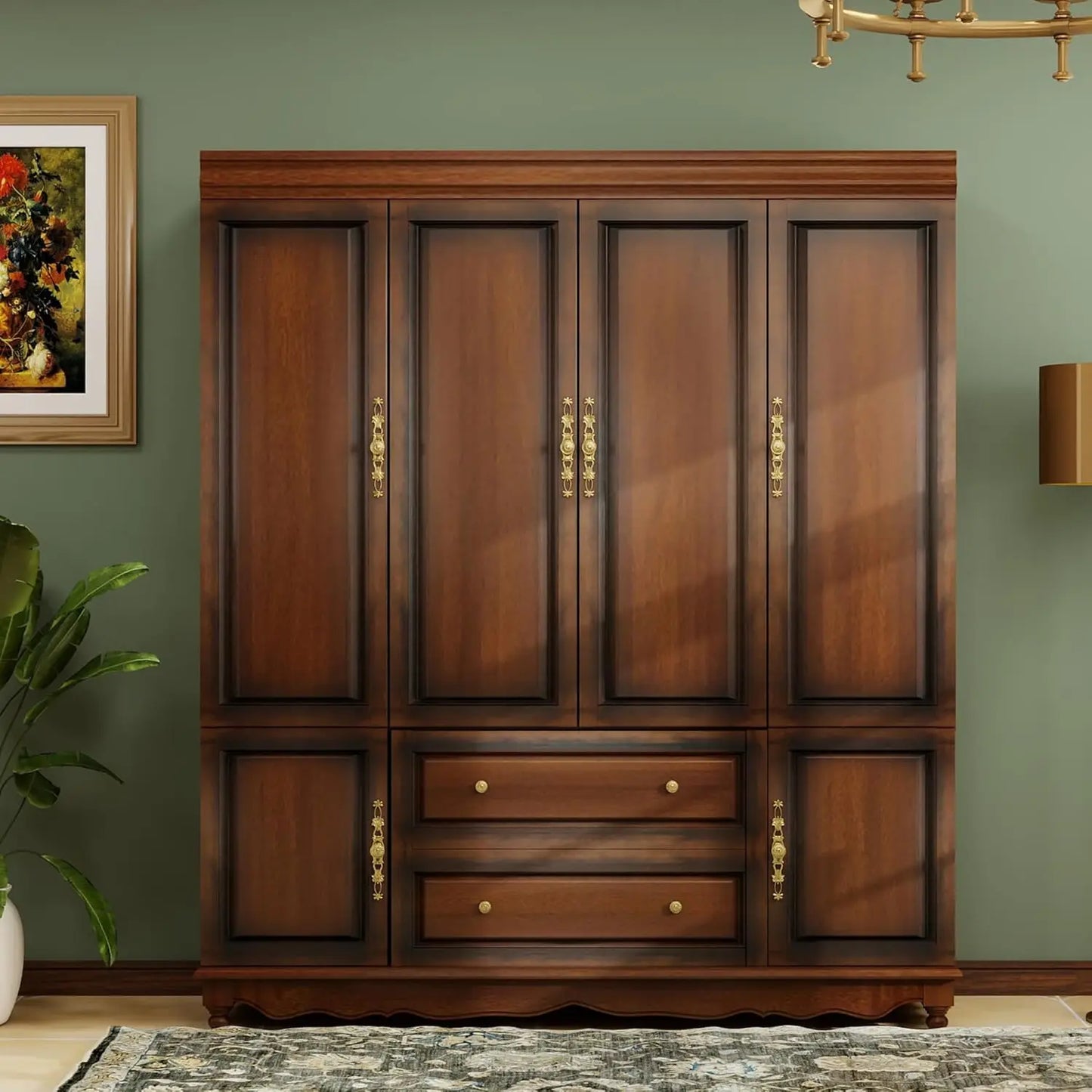 4-Door Solid Wood Armoire - Elegant Wardrobe with 2 Drawers & Dual Hanging Rods