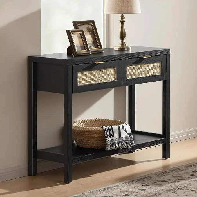 Console Table with Rattan Drawers Boho Rattan Entryway Table with Storage Small Console Tables Entryway Entry Table for Hallway