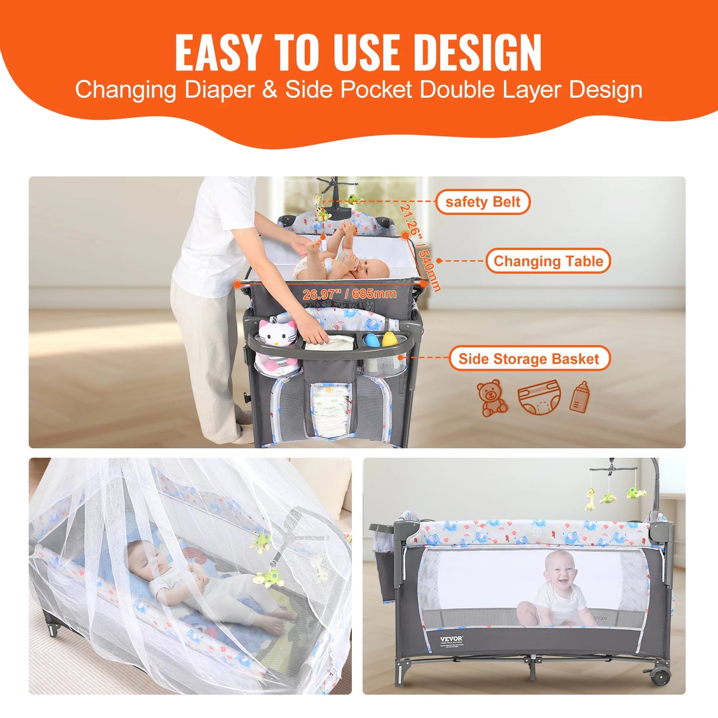SucceBuy Baby Bassinet 77 pounds Load Capacity Easy to Fold Portable Bassinet Bedside Sleeper with Storage Basket and Wheels