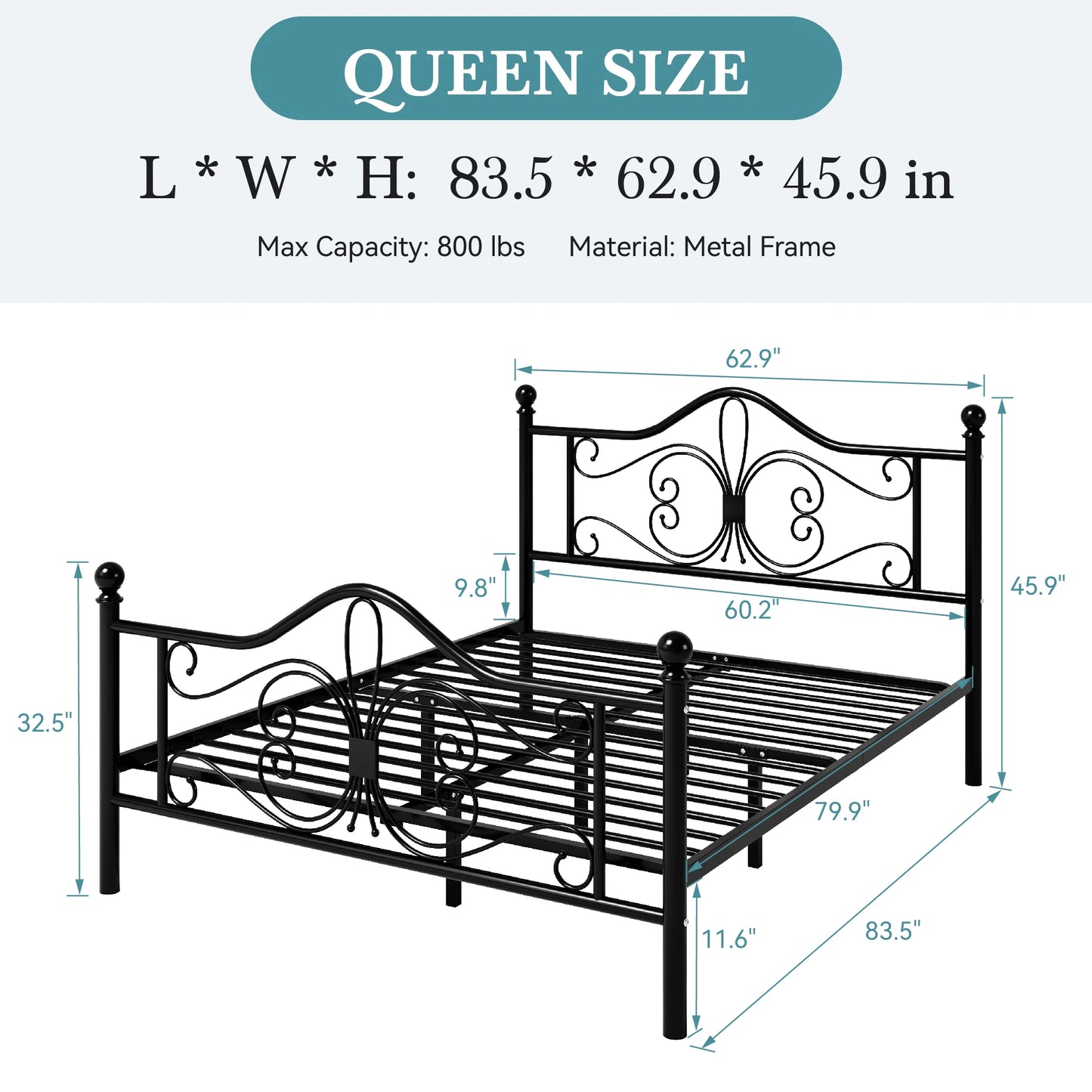 HOOMIC Platform Bed Frame for Kids, Metal Bed Frame with Butterfly Pattern Design Headboard & Footboard Alleiwe