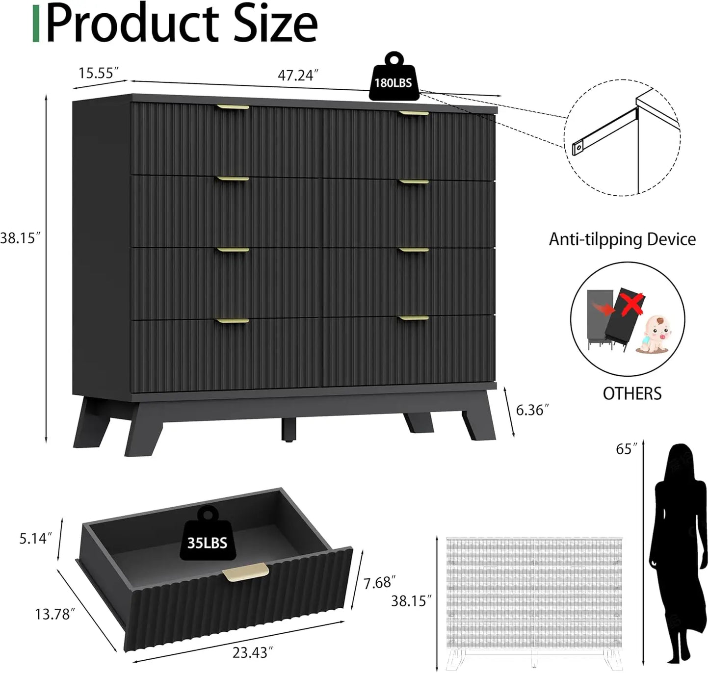 Fluted Dresser for Bedroom with 8 Drawers, 48" Wide Modern Chest of Drawers with Metal Handle, Wooden Dresser TV Stand,Black