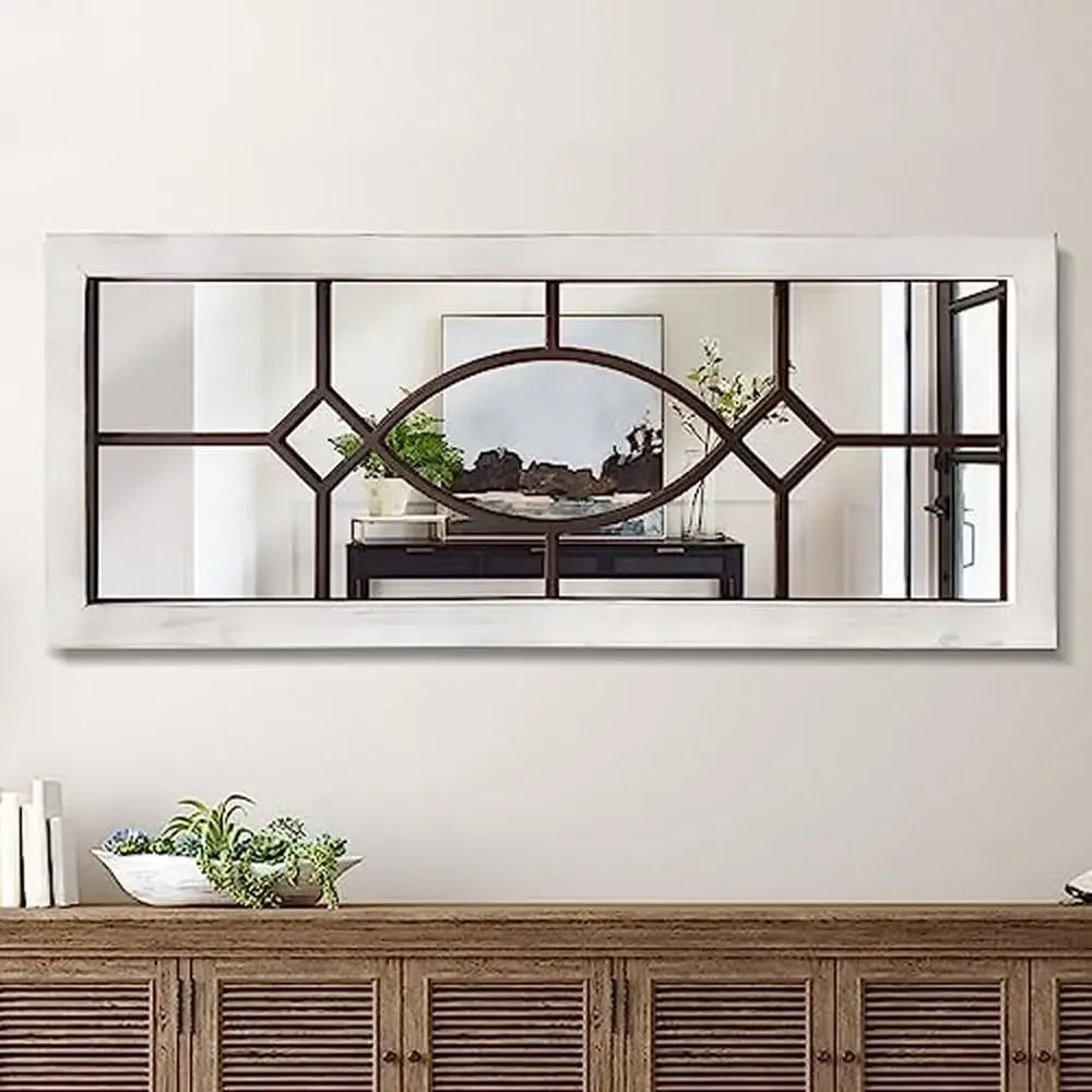 Distressed White Wooden Wall Mirror Farmhouse Decor 43.3" x 17.7" Rustic Entryway Bedroom Mirror