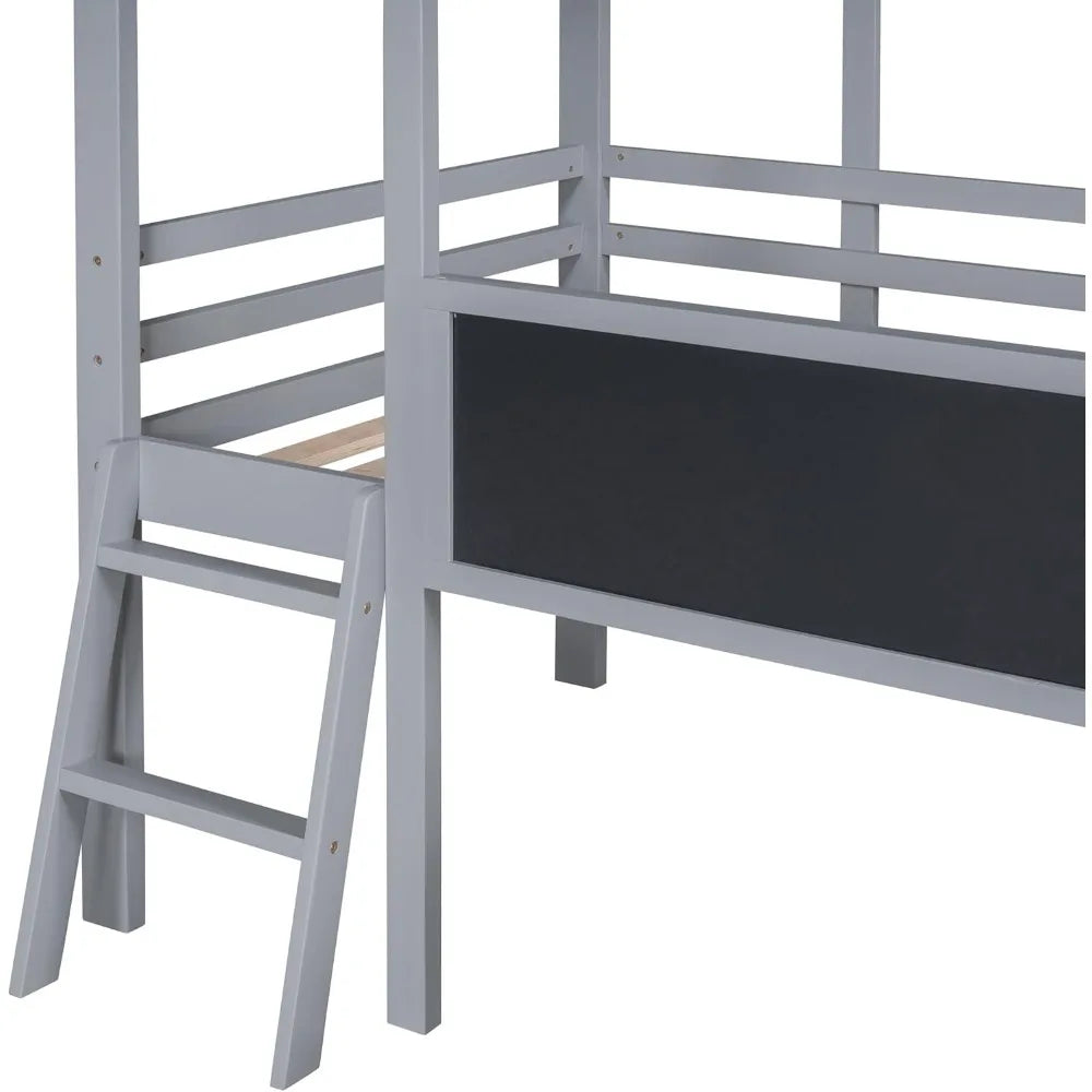 Harper & Bright Designs Kids House Loft Bed with Slide, Twin Size Low Loft Bed with LED Lights & Blackboard, Wood Playhouse Loft