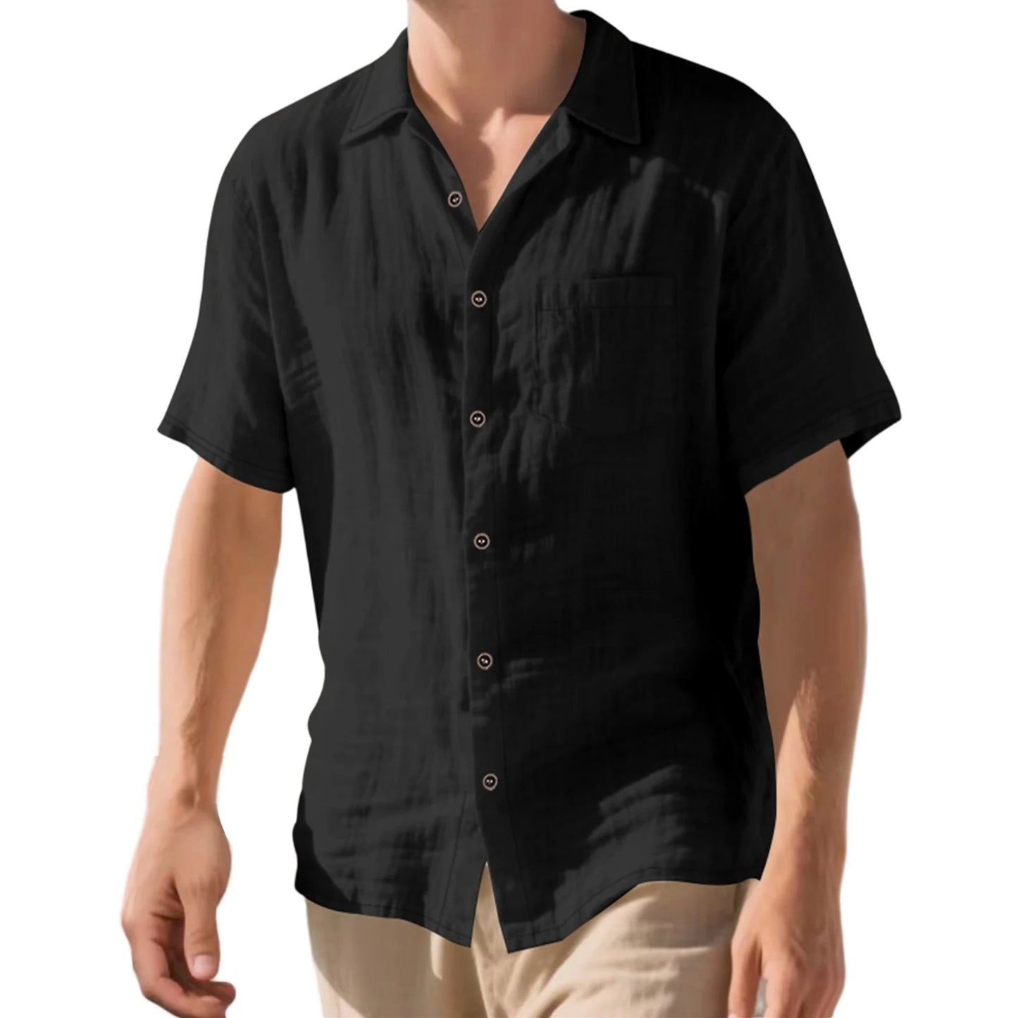Men s Lightweight Linen Short Sleeve Button-Down Shirt Casual Solid Color Breathable Summer Tops Loose Fit Lapel Collar