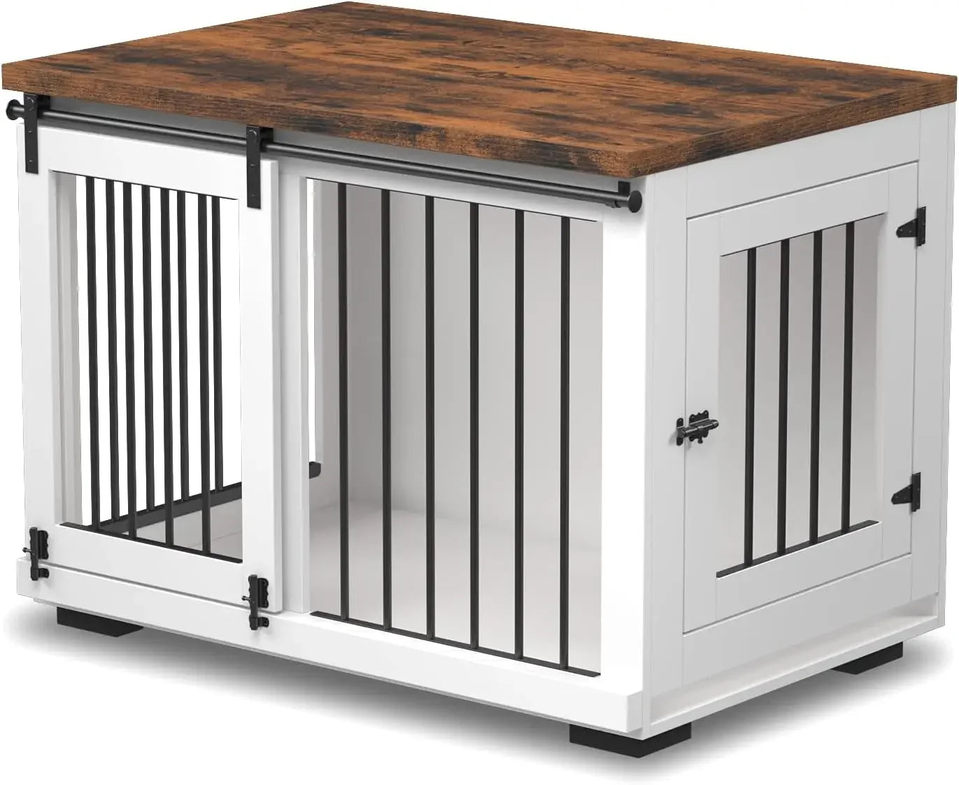 Dog Crate Furniture, Barn Door Puppy Crate with Padded Farmhouse Top and Metal Rails, White Decorative Modern Dog Crate Table
