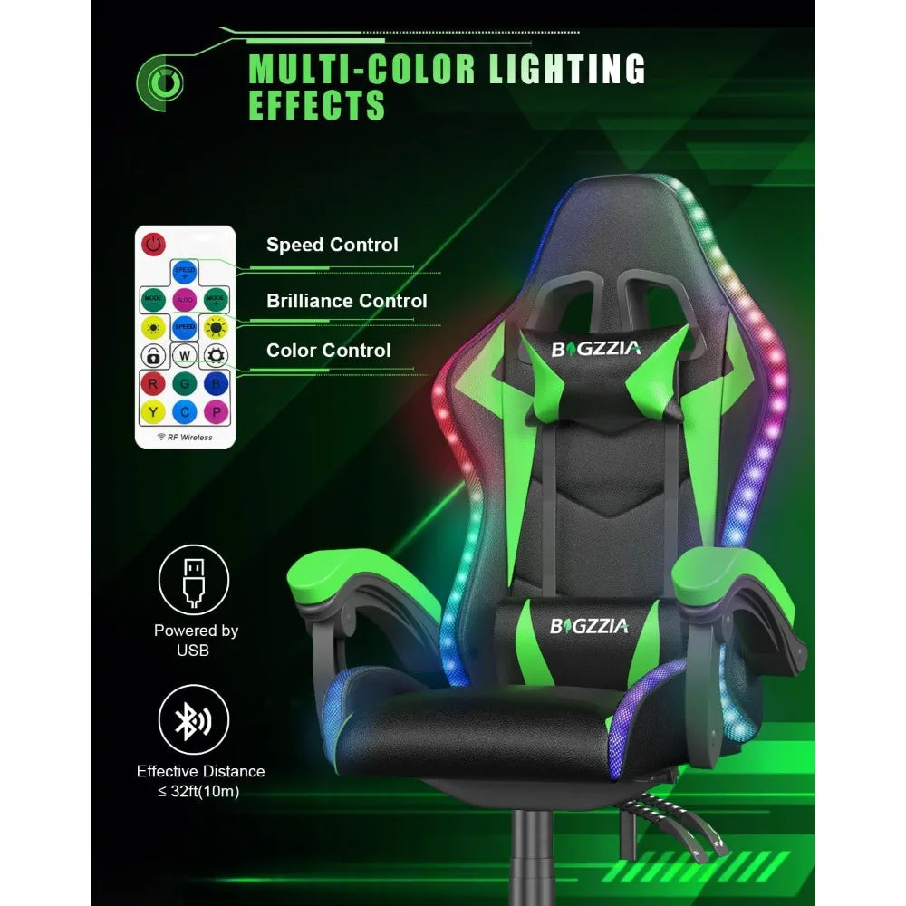 Gaming Chair with RGB LED Lights, High Back Ergonomic Computer Gamer Chair with Headrest and Lumbar Support, Racing Style Recli