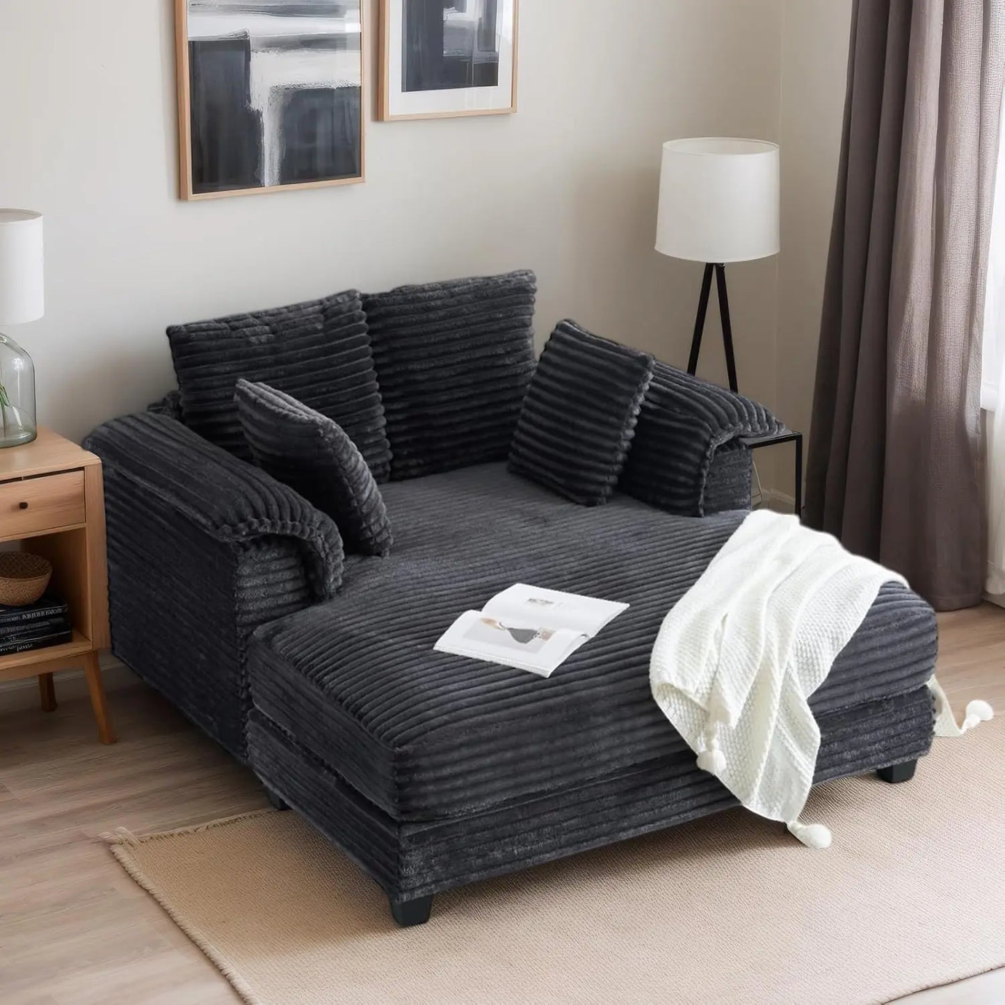 56"Oversized Chaise Lounge Chair,Beige Comfy Corduroy Chaise Sofa Recliner Bed Upholstered Sleeper Couch Bed with Throw Pillows