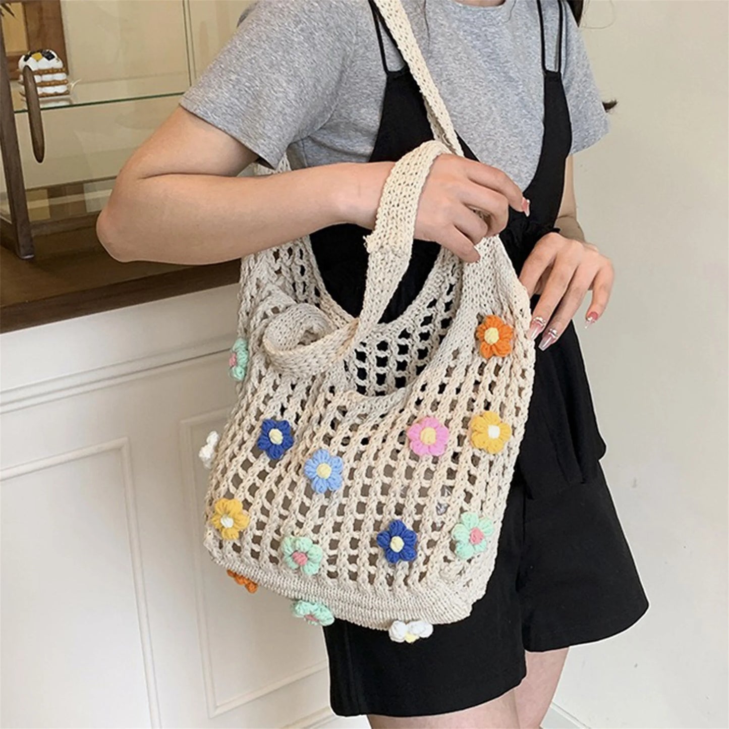 Elegant Floral Embroidered Beach Tote Bag with Tassel Detail Stylish Crochet Shoulder Bag for Summer Vacation Large Capacity