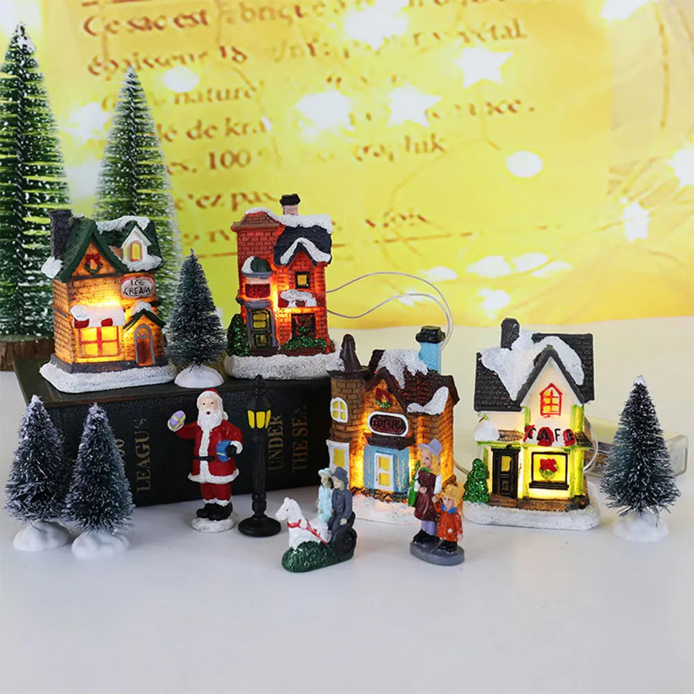 12 Pcs Mini Resin Christmas Village Figurines Decoration Set Lighted LED DIY Christmas Doll Figurines Christmas Home Decorations
